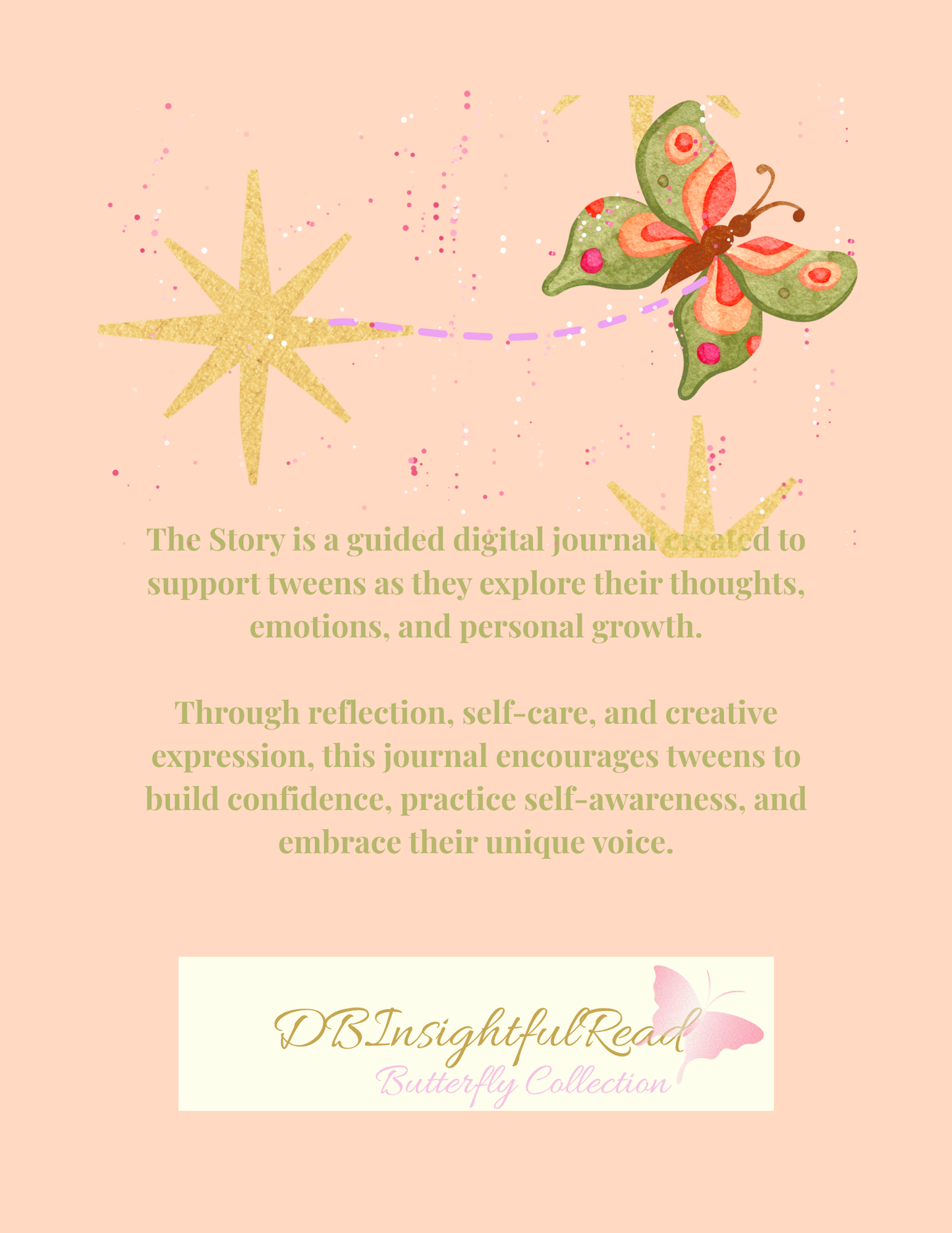 Butterfly-themed digital journal on a coral background with text about self-care and personal growth.