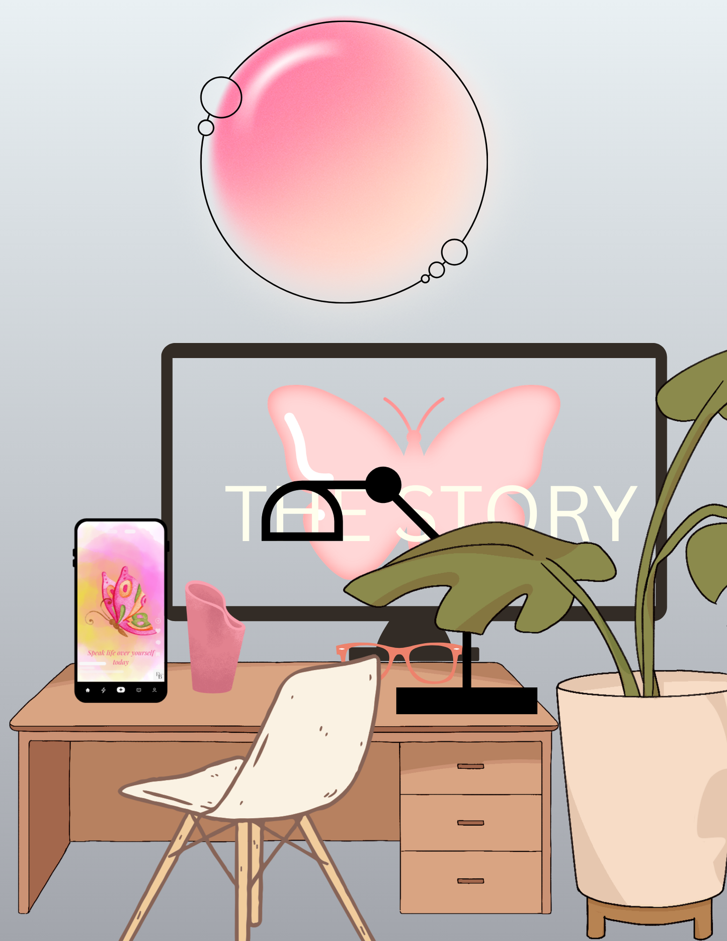 Illustrated office desk with computer, phone, and plant on a light gray background