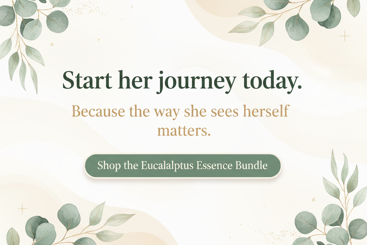 Promotional text with eucalyptus leaves on a light background