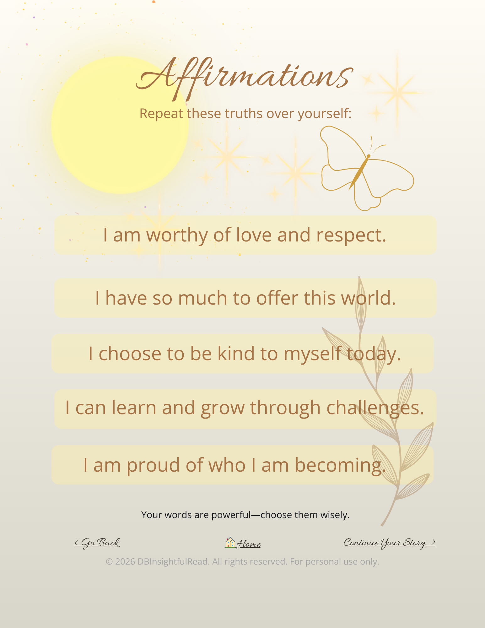 Motivational affirmations with a yellow sun and butterfly on a light background