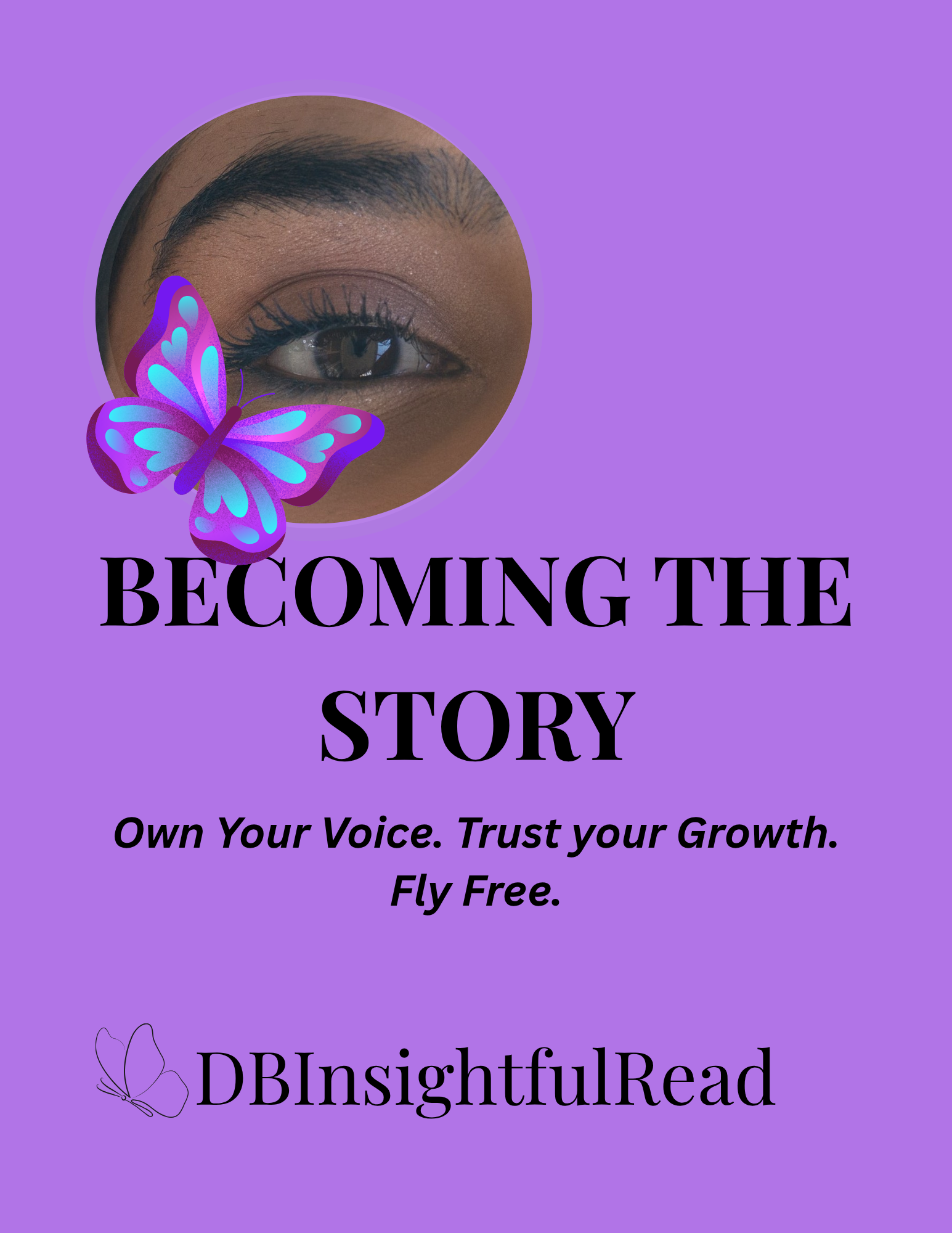 Purple background with butterfly graphic and text 'Becoming the Story' on a purple background