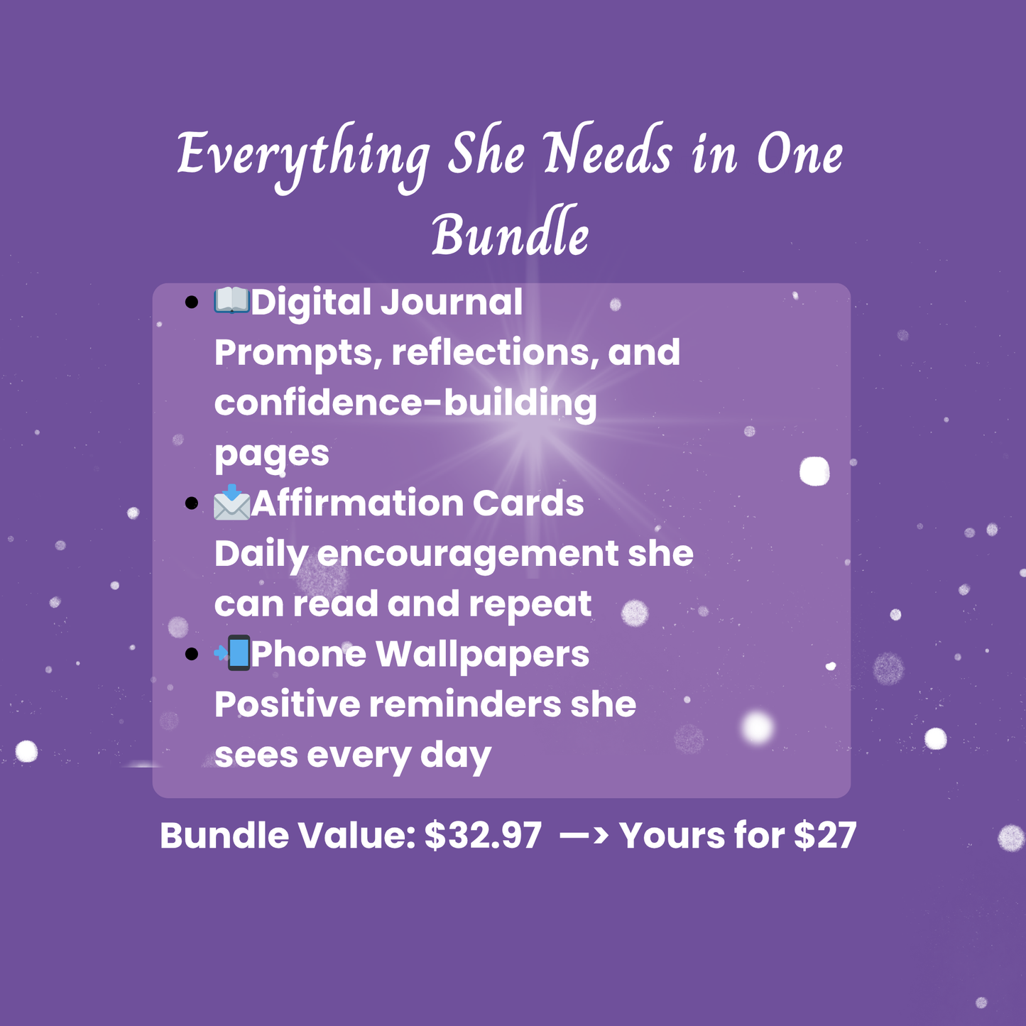 Promotional graphic for a bundle of digital products on a purple background with text detailing the contents and price.