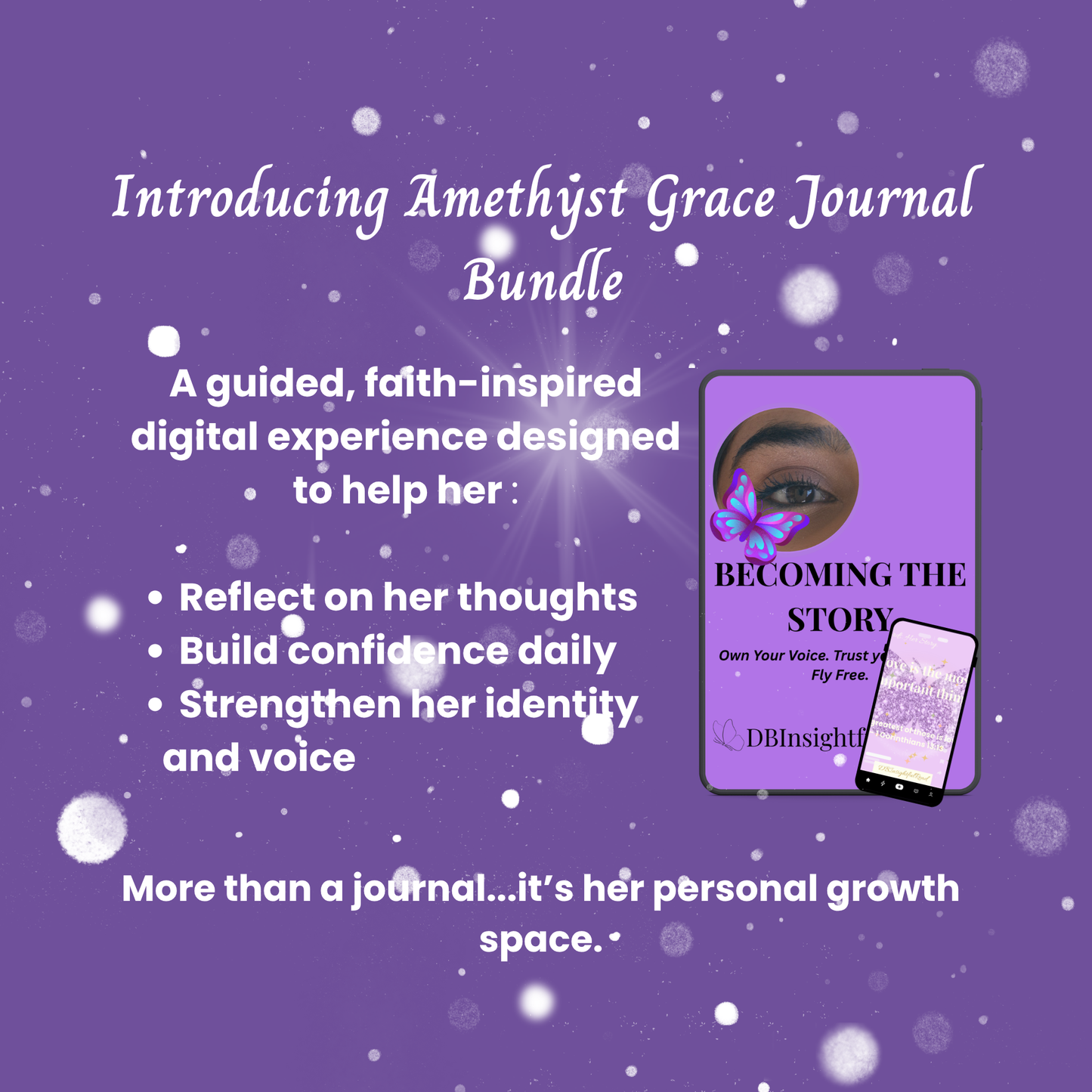 Promotional graphic for Amethyst Grace Journal Bundle on a purple background with text and product images.