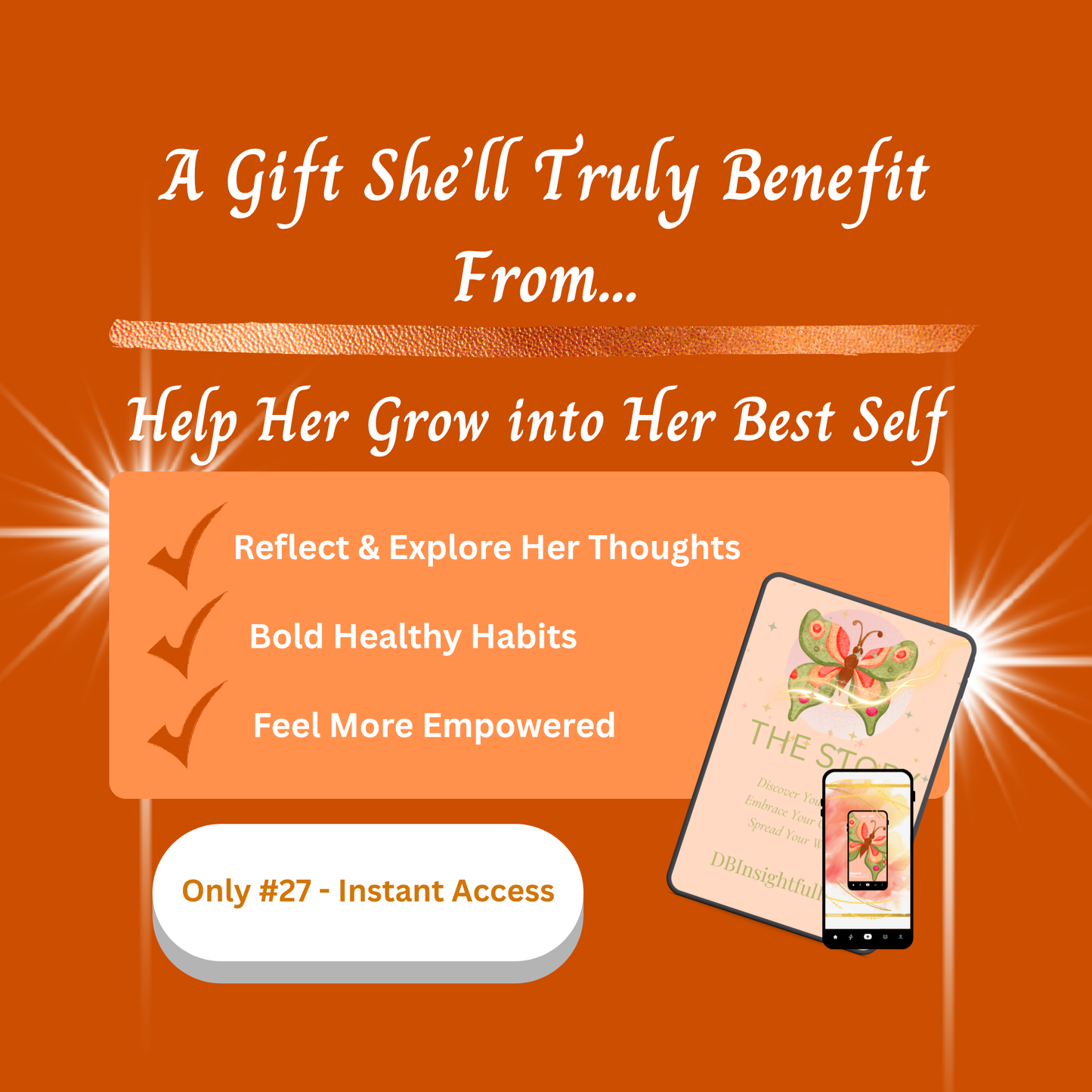 Promotional graphic with text and images of a book and phone on an orange background