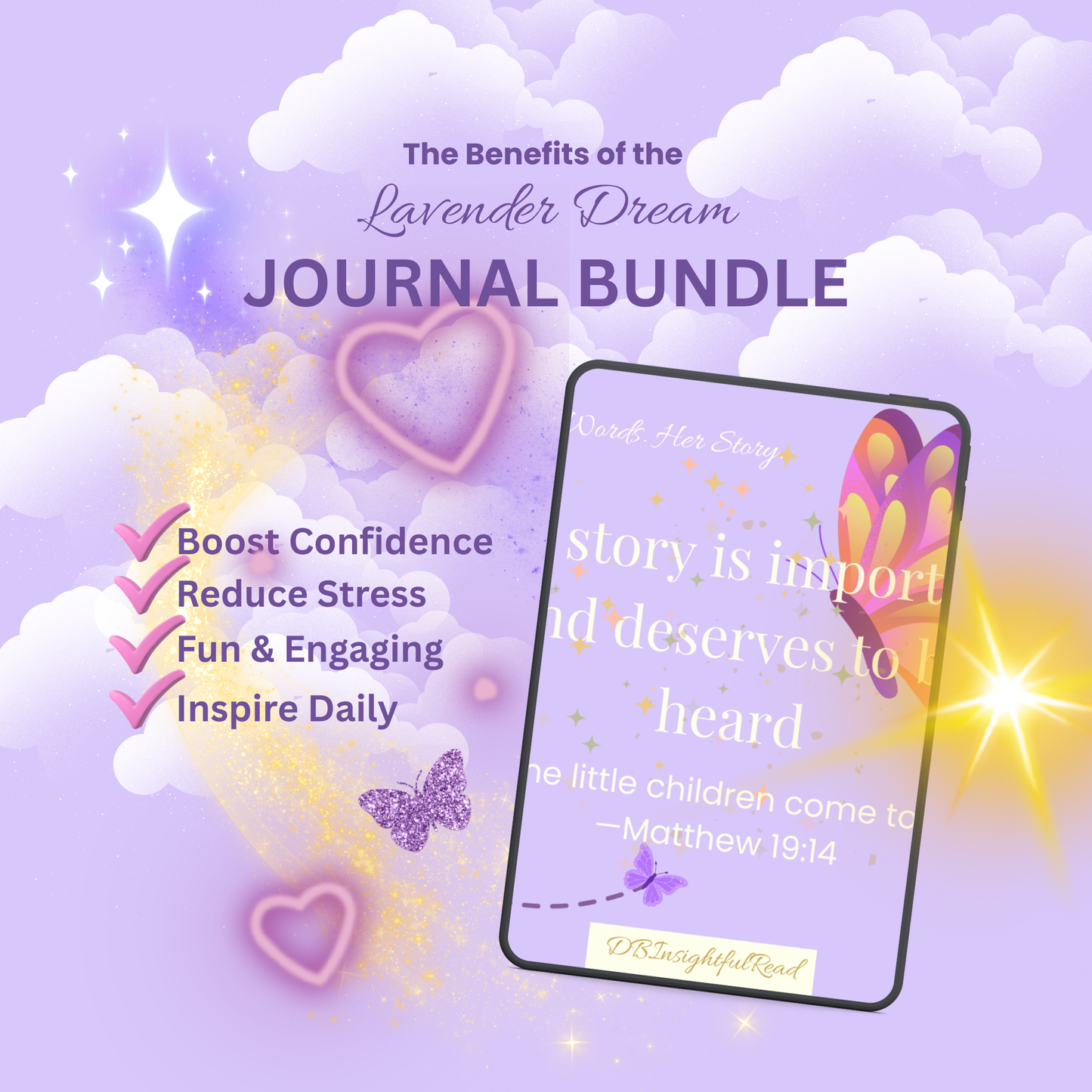 Promotional graphic for a lavender dream journal bundle with text and decorative elements on a purple background.