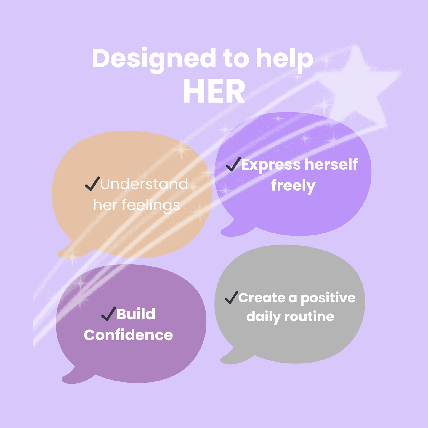Colorful speech bubbles on a purple background with text about helping a person express themselves, understand feelings, build confidence, and create a positive daily routine.