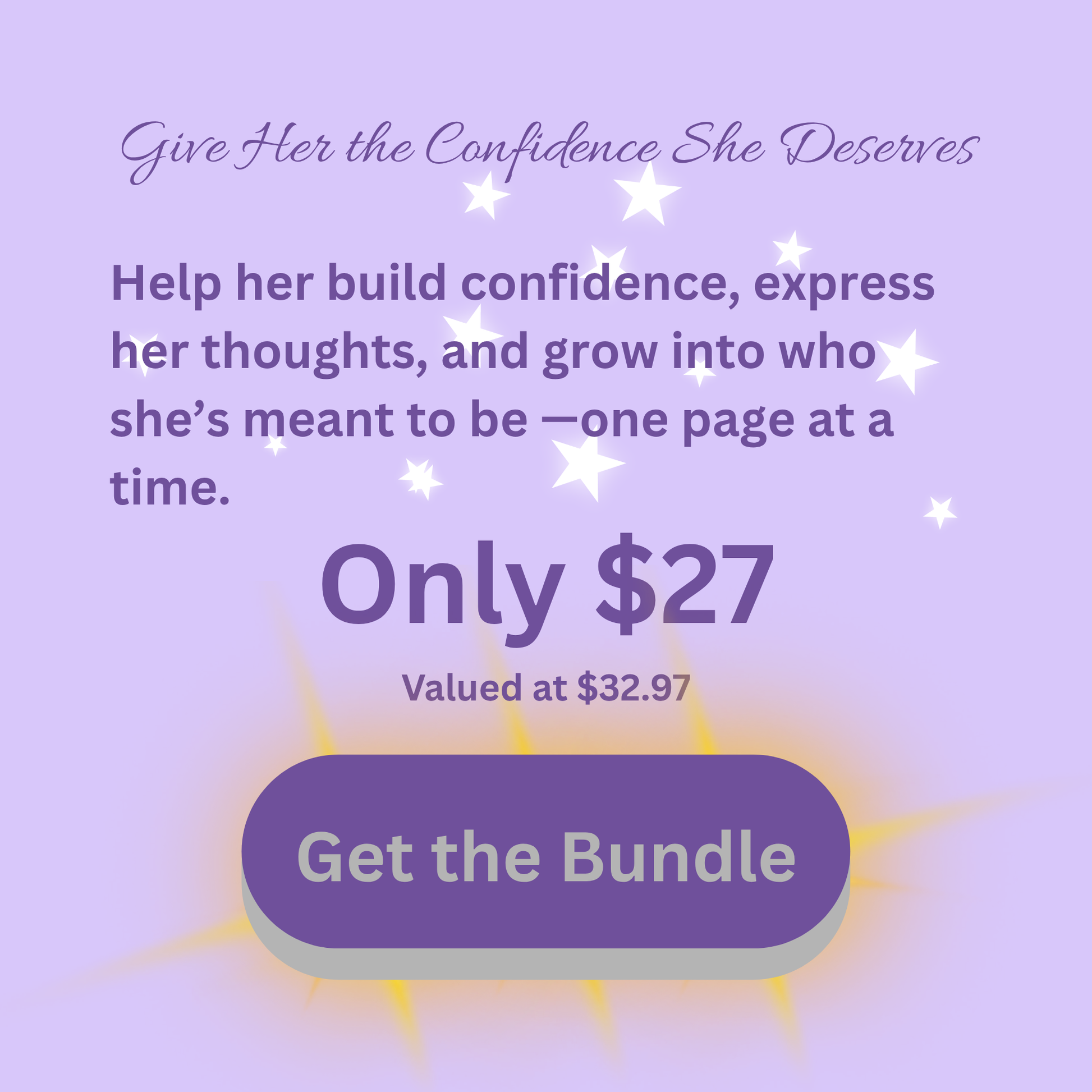 Promotional text on a purple background with stars, offering a bundle for $27.