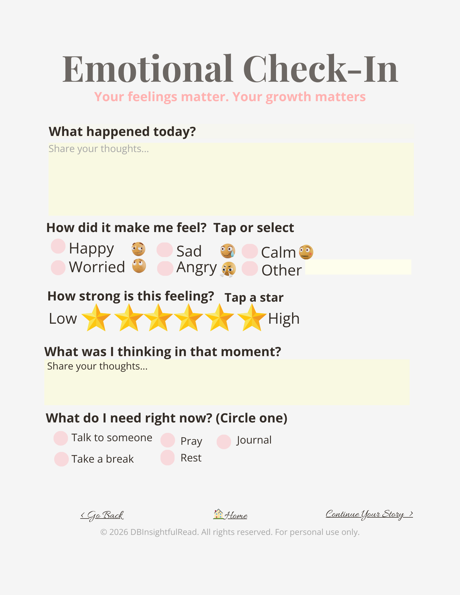 Emotional check-in form with rating and reflection prompts on a white background