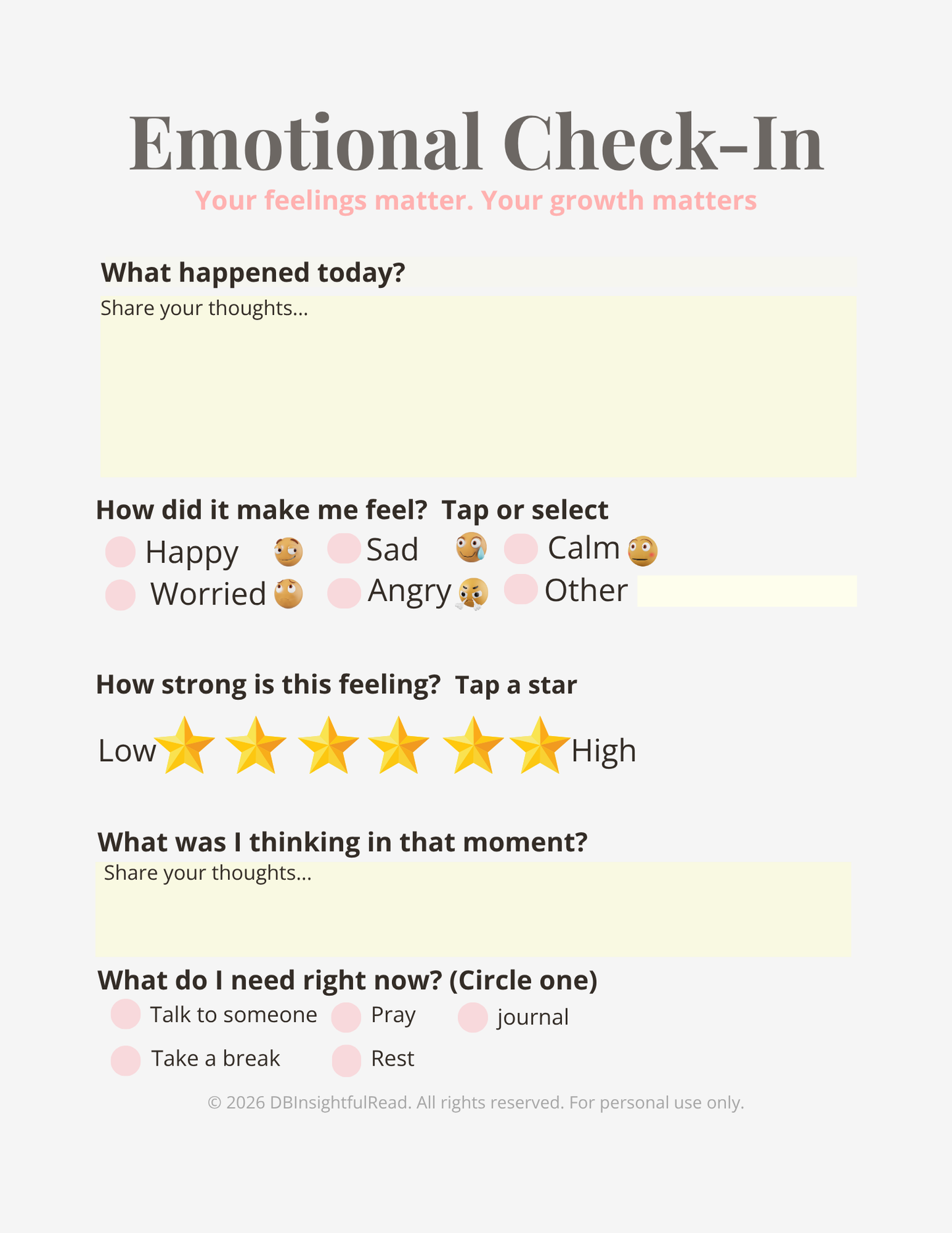 Emotional check-in form with text and rating options on a white background
