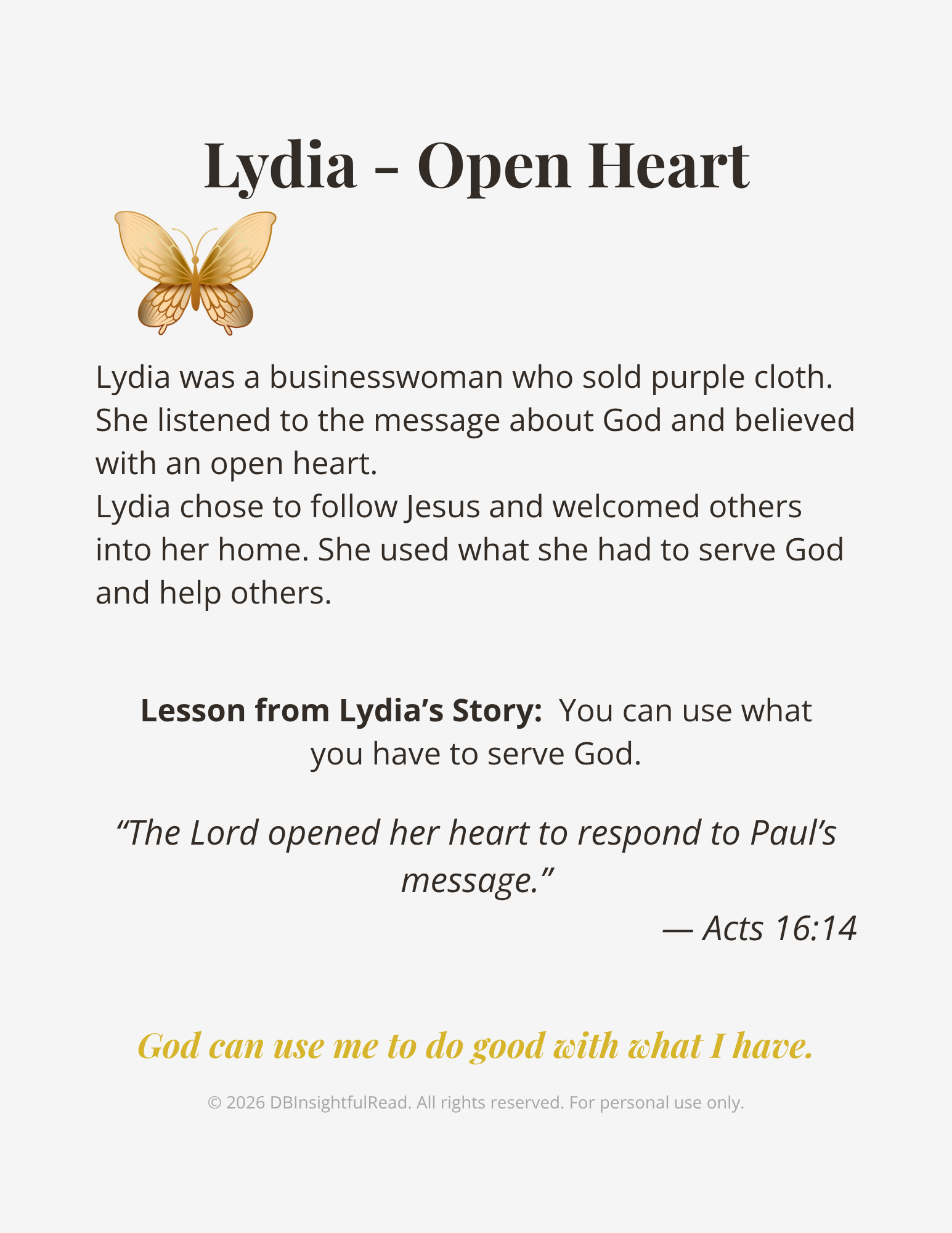 Educational card about Lydia, a businesswoman who sold purple cloth and followed Jesus with an open heart.
