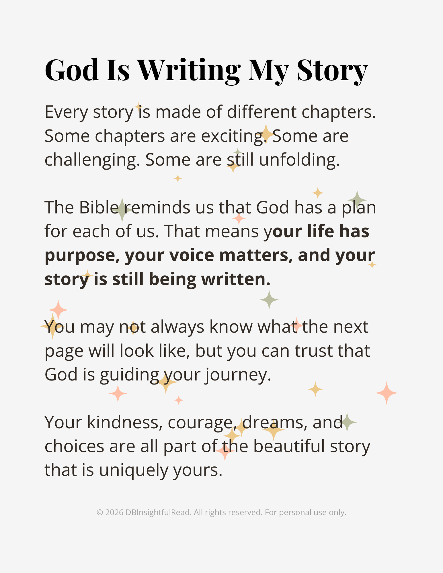 Text on a white background with motivational message about God writing one's story.