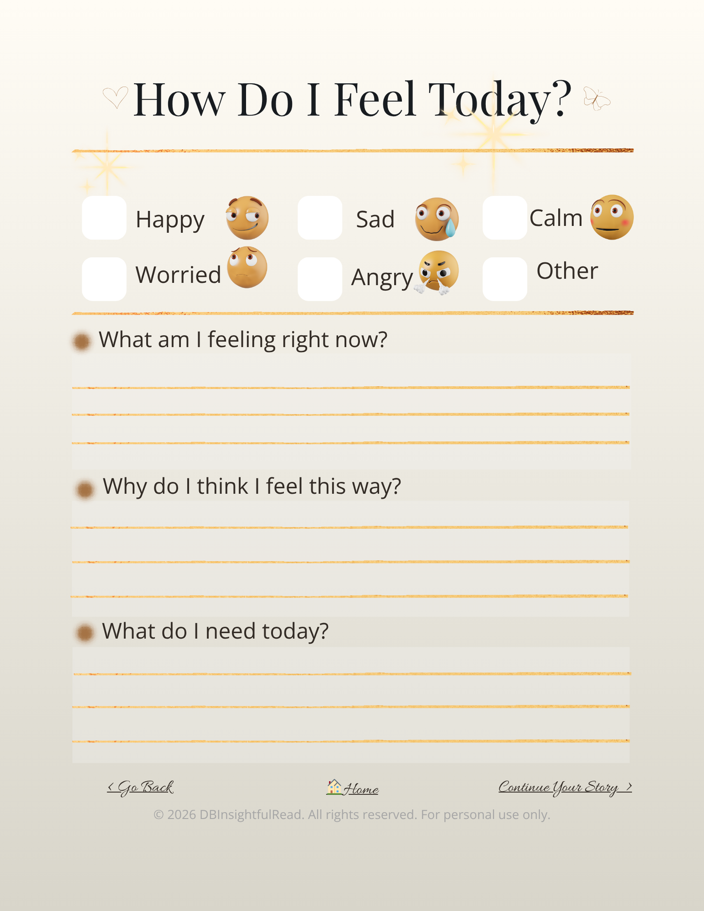 Emotion assessment sheet with emoji options and space for self-reflection on a light background.
