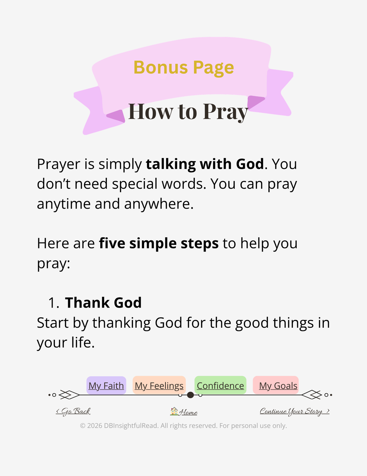 Instructional text on how to pray with a pink banner at the top