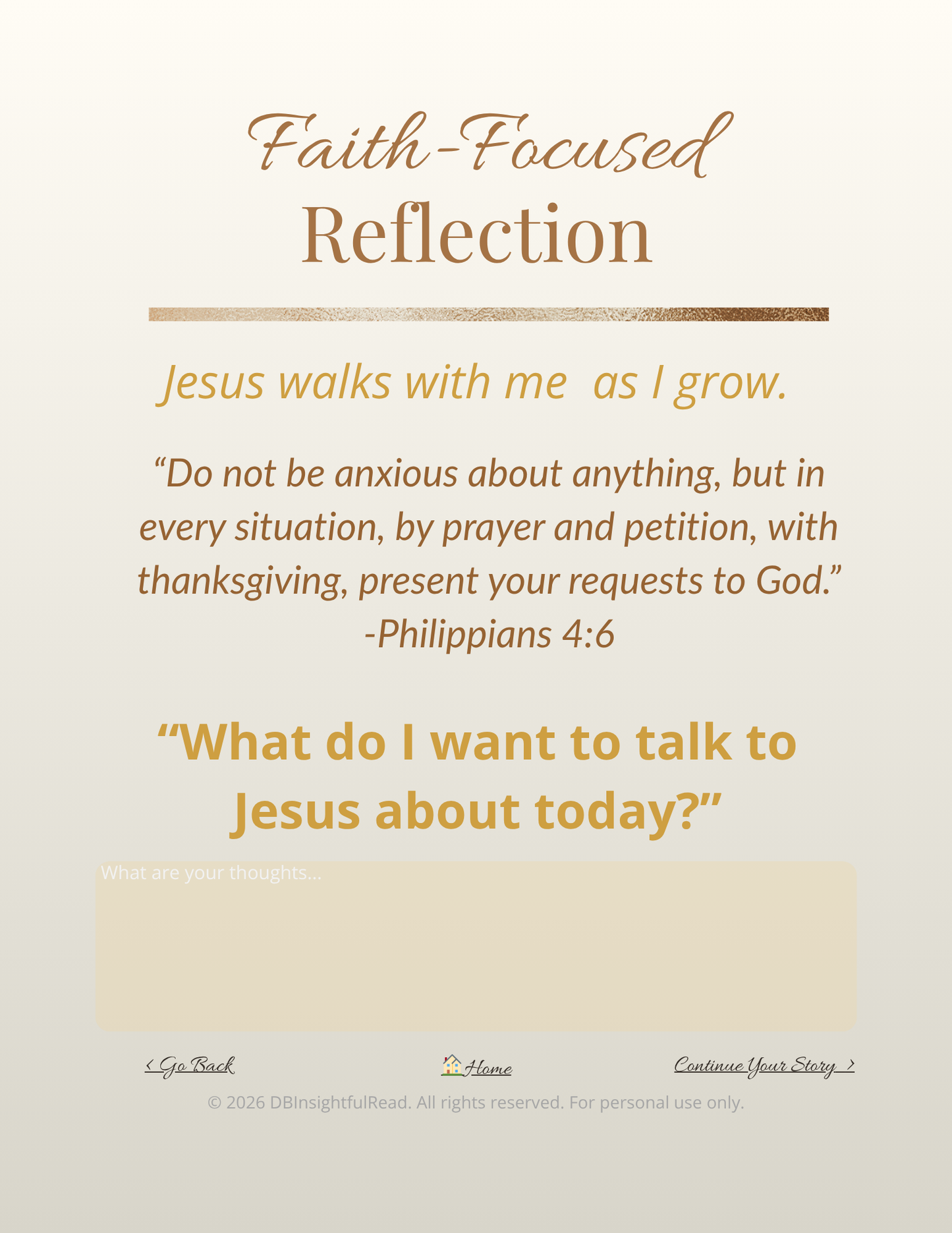 Faith-focused reflection page with prayer journal prompts on a beige background