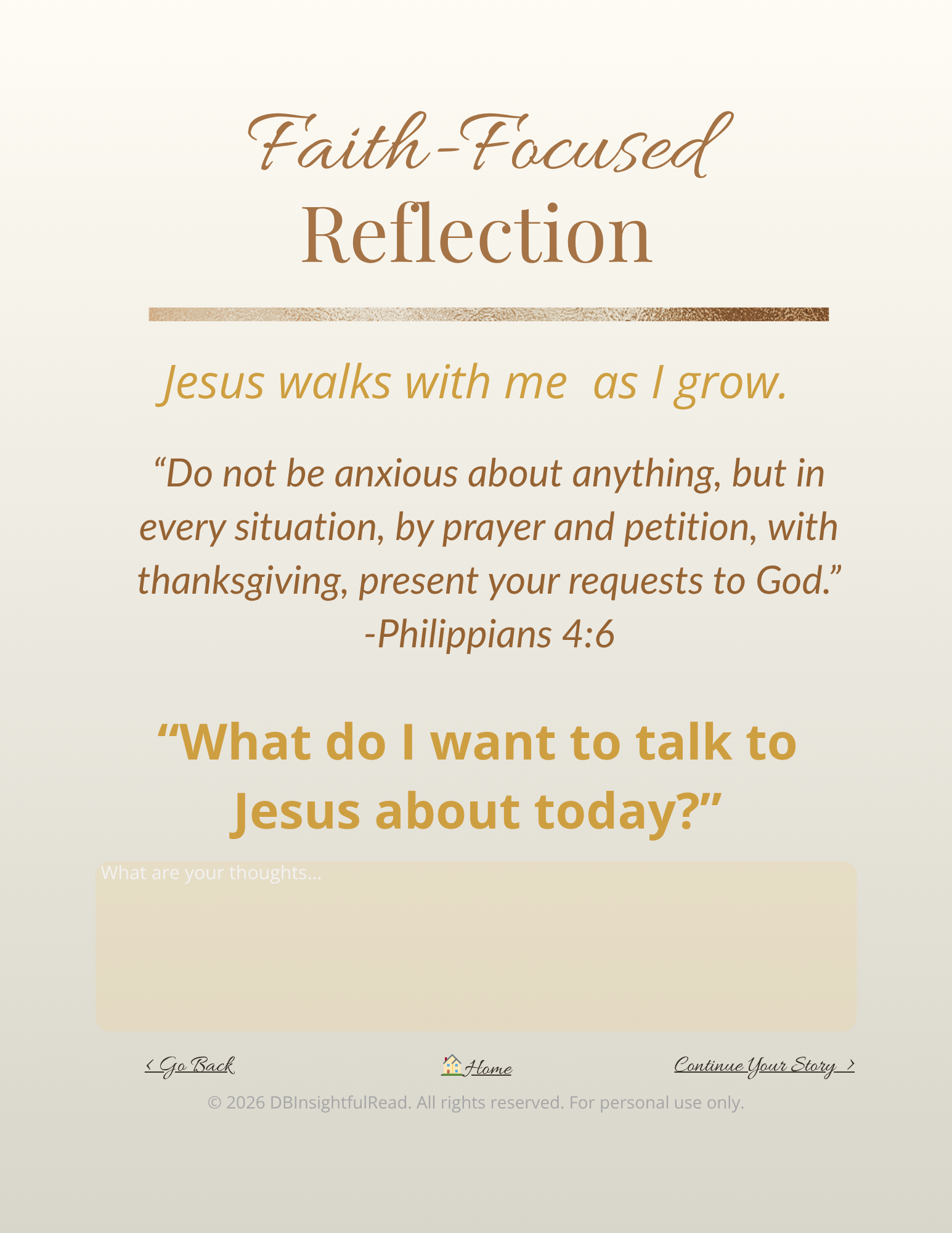 Faith-focused reflection page with prayer journal prompts on a beige background