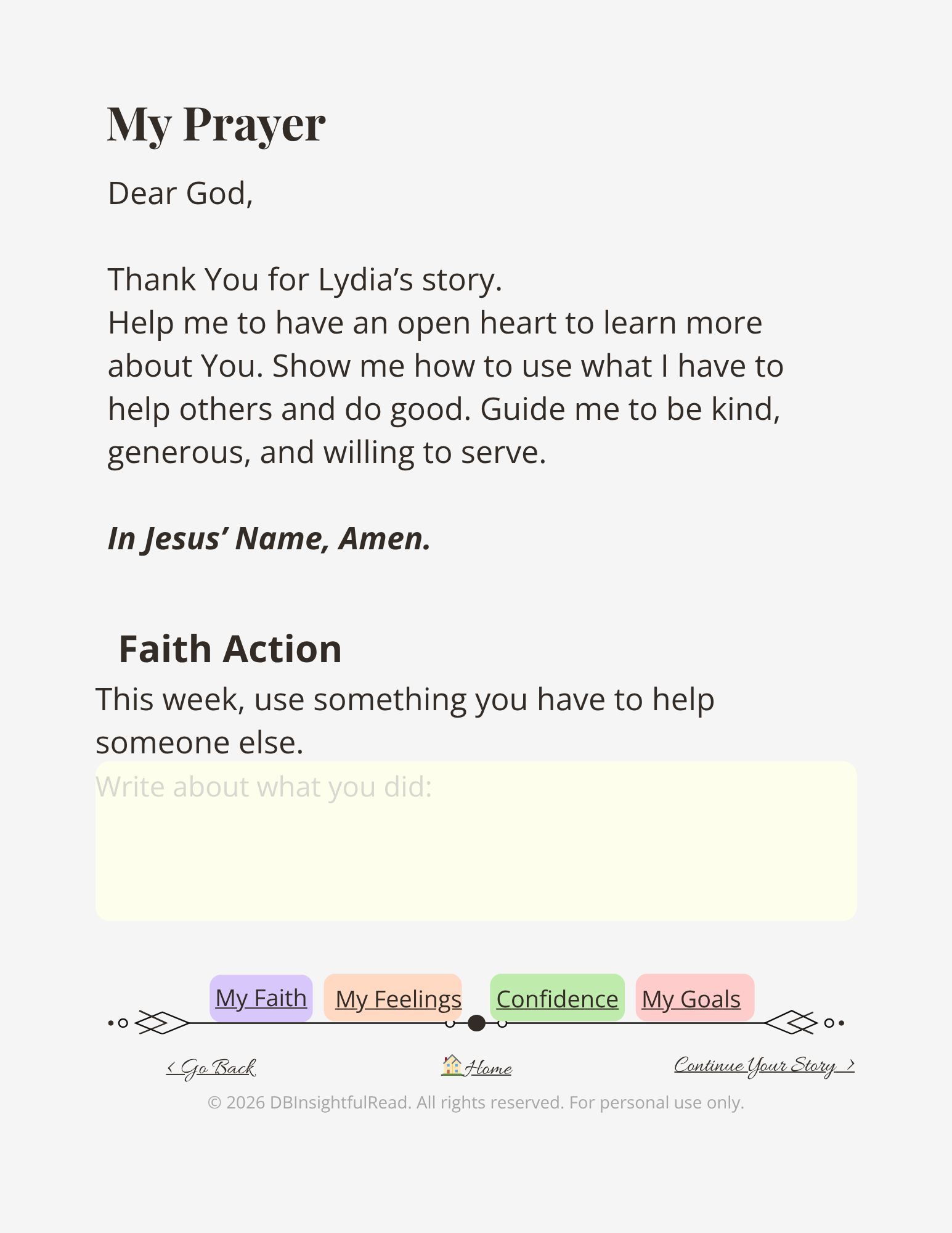 Prayer request with a focus on kindness, generosity, and service.