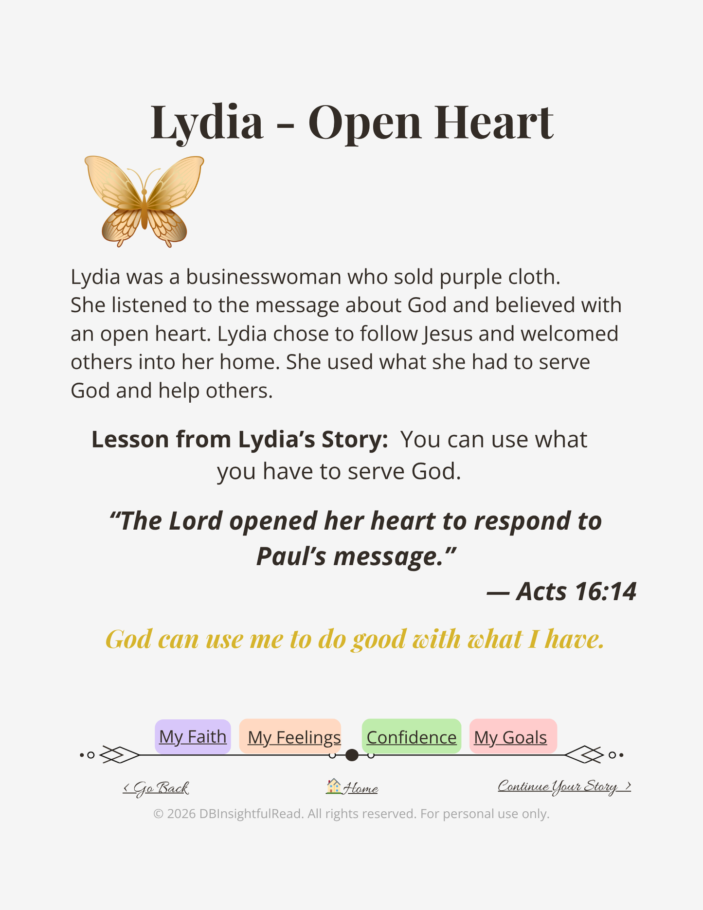 Educational poster about Lydia with a butterfly graphic and text on a white background