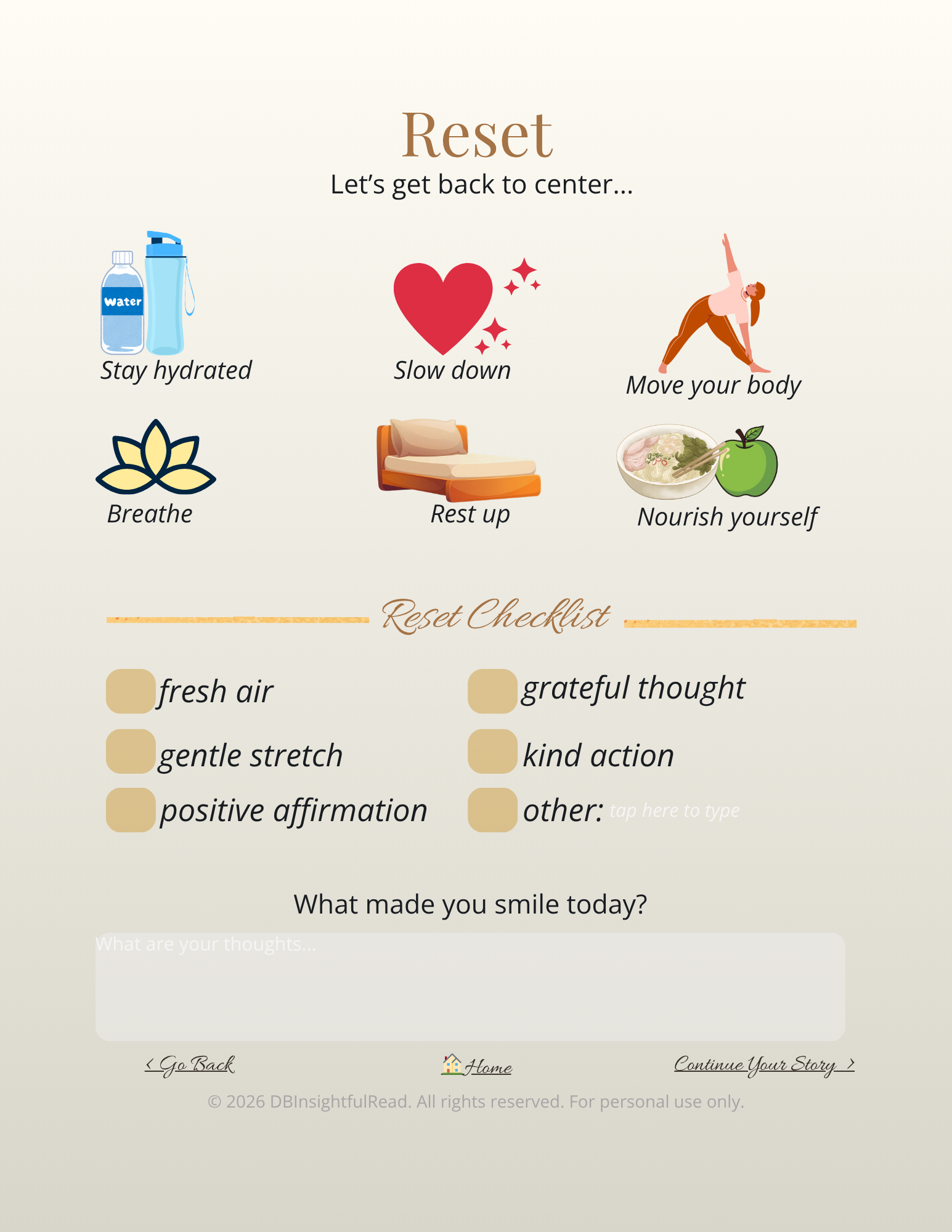Reset checklist with icons and text on a light background