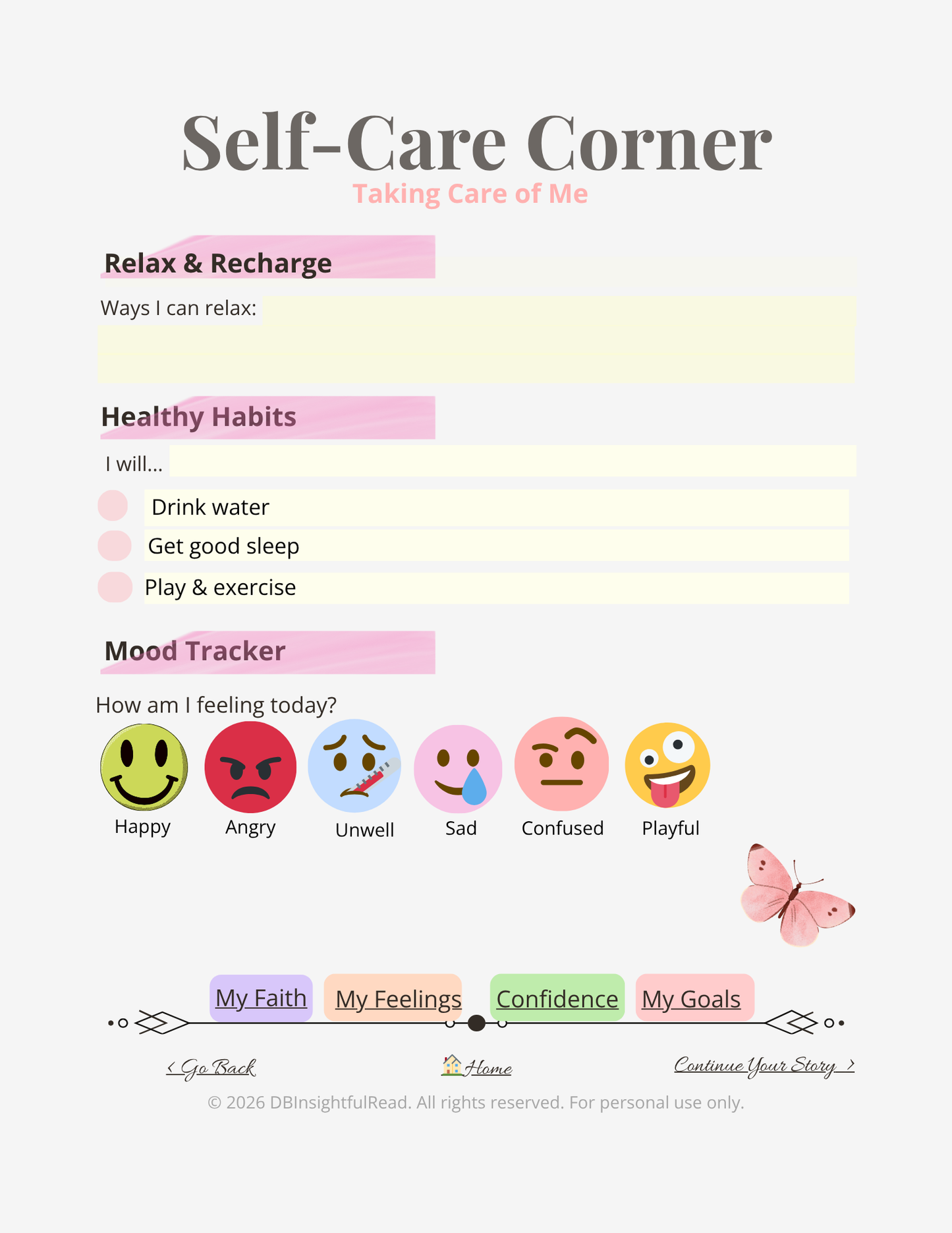 Self-care corner sheet with relaxation, healthy habits, and mood tracker sections.