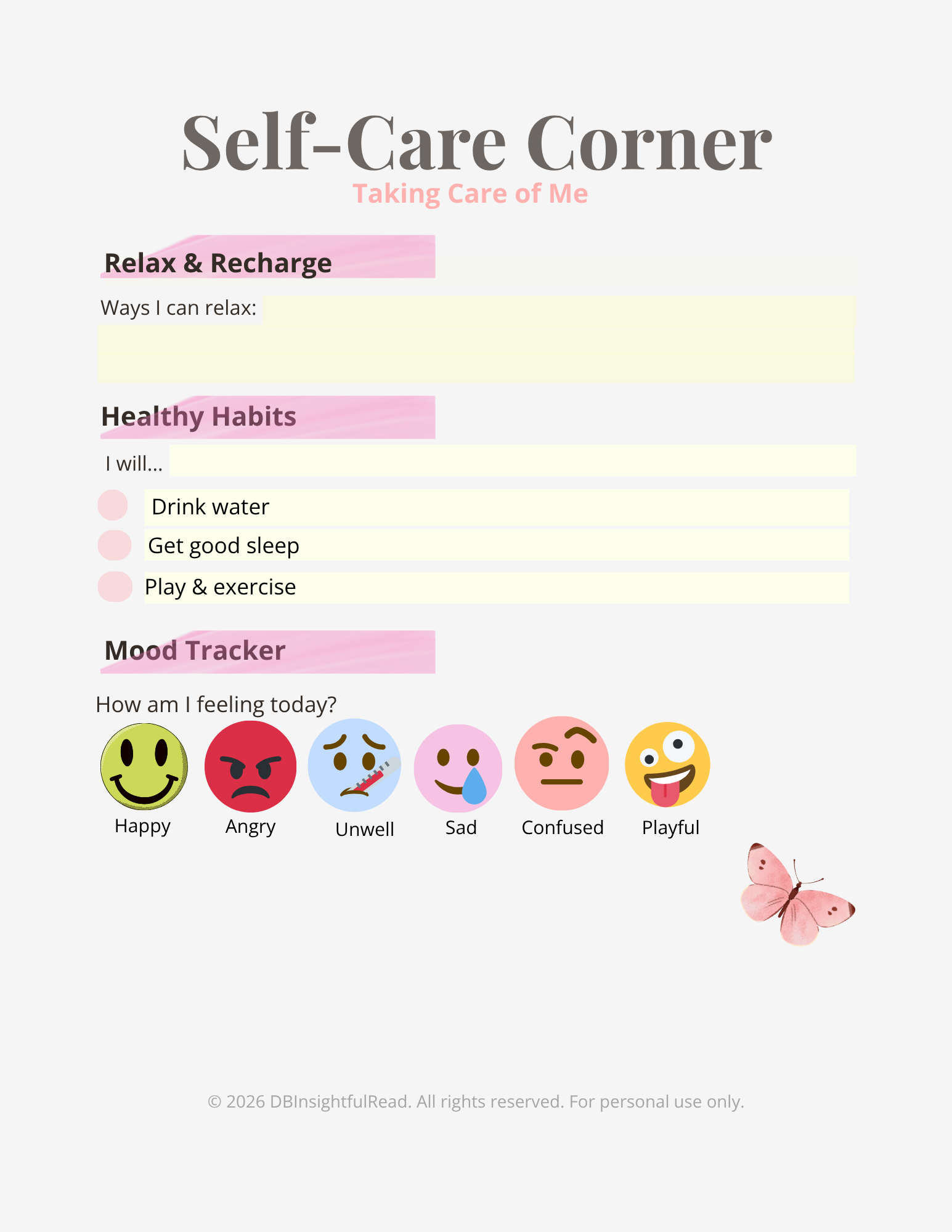 Self-care corner sheet with relaxation, healthy habits, and mood tracker sections.