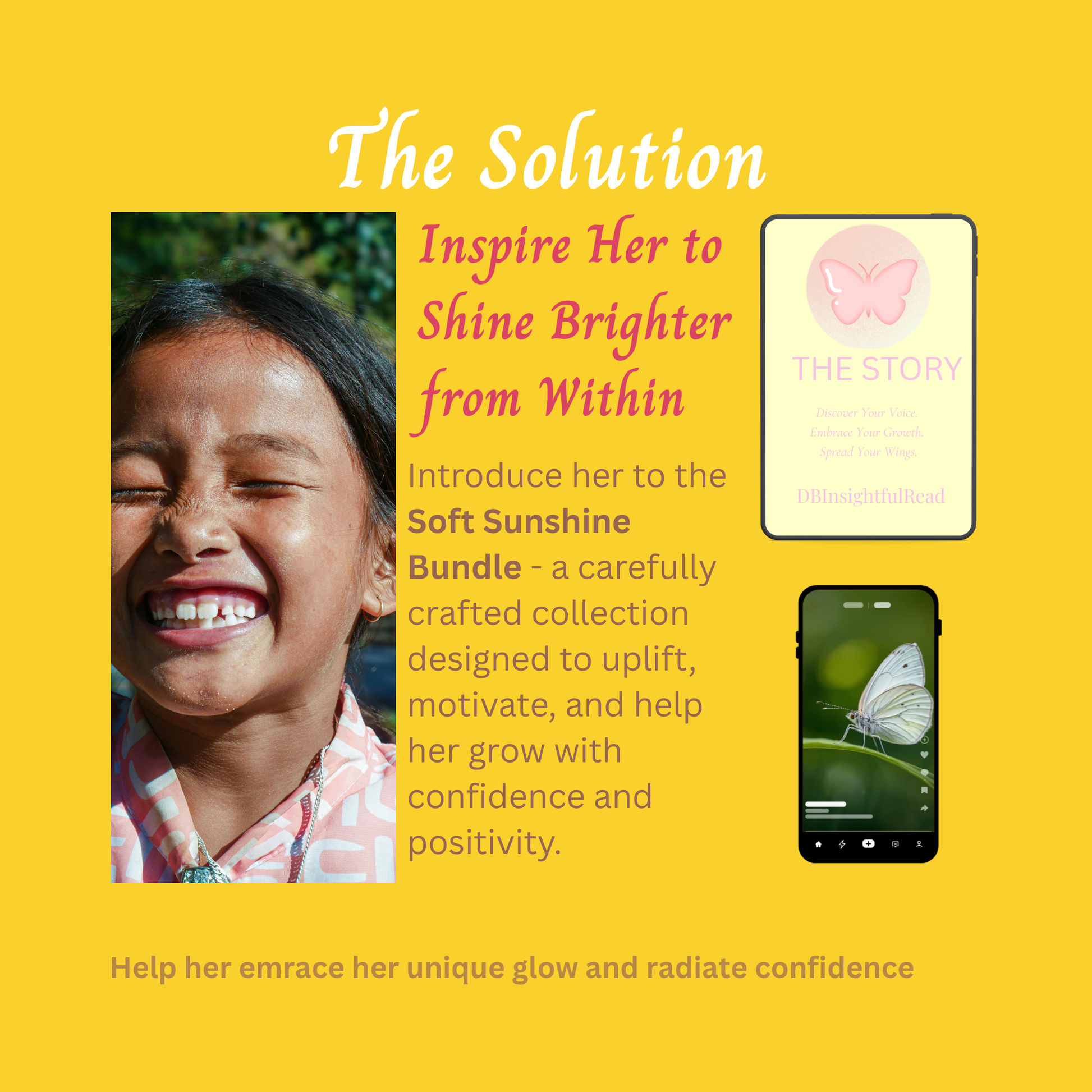 Promotional graphic for 'The Solution' product with a smiling girl and smartphone on a yellow background.