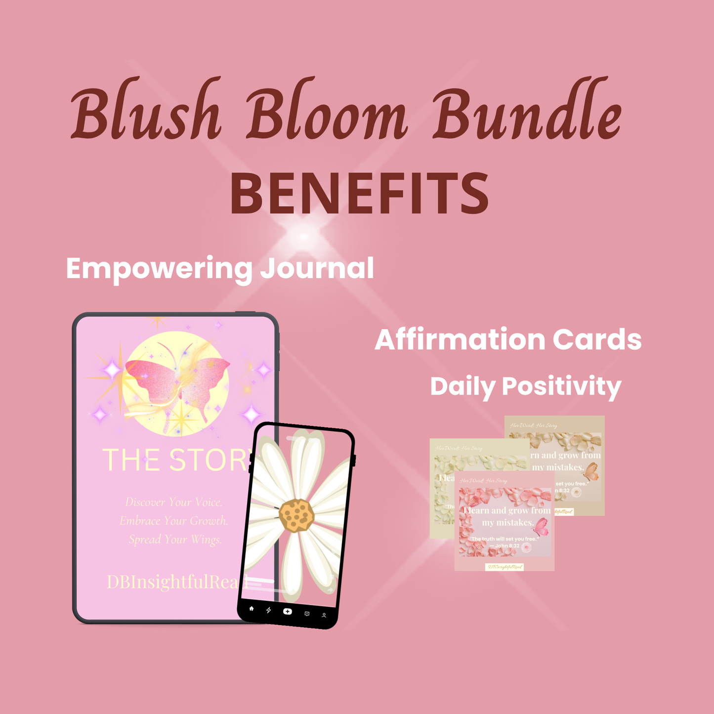 Blush Bloom Bundle contents including journal, affirmation cards, and motivational tools for self-expression and emotional growth in tween girls
