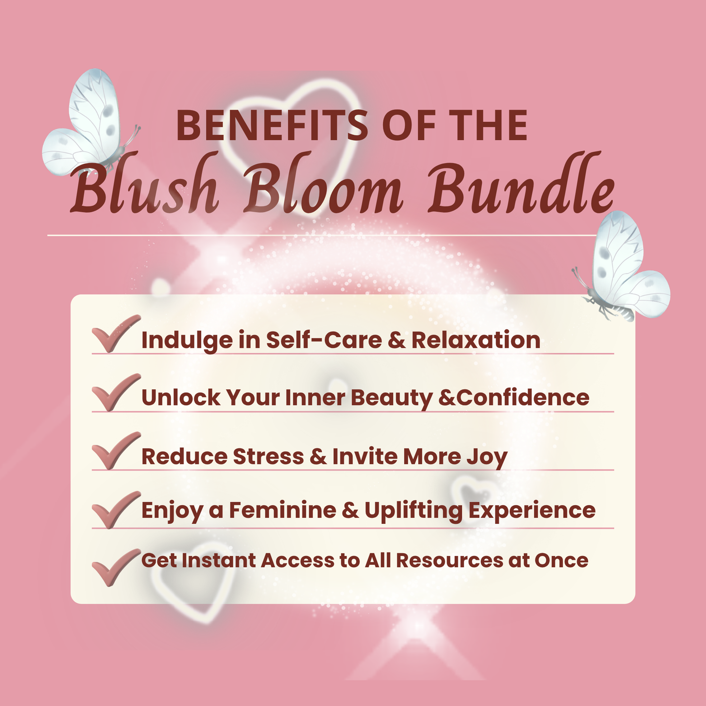 List of text explaining the benefits of purchasing the Blush Bloom Bundle with a blush pink aesthetic background