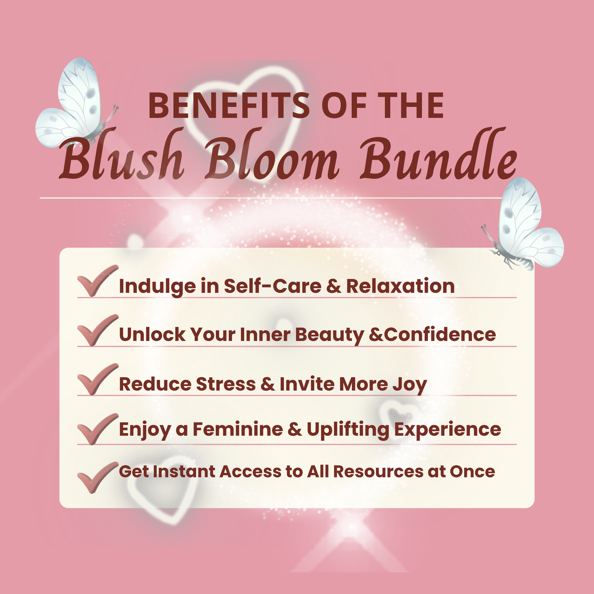 List of text explaining the benefits of purchasing the Blush Bloom Bundle with a blush pink aesthetic background