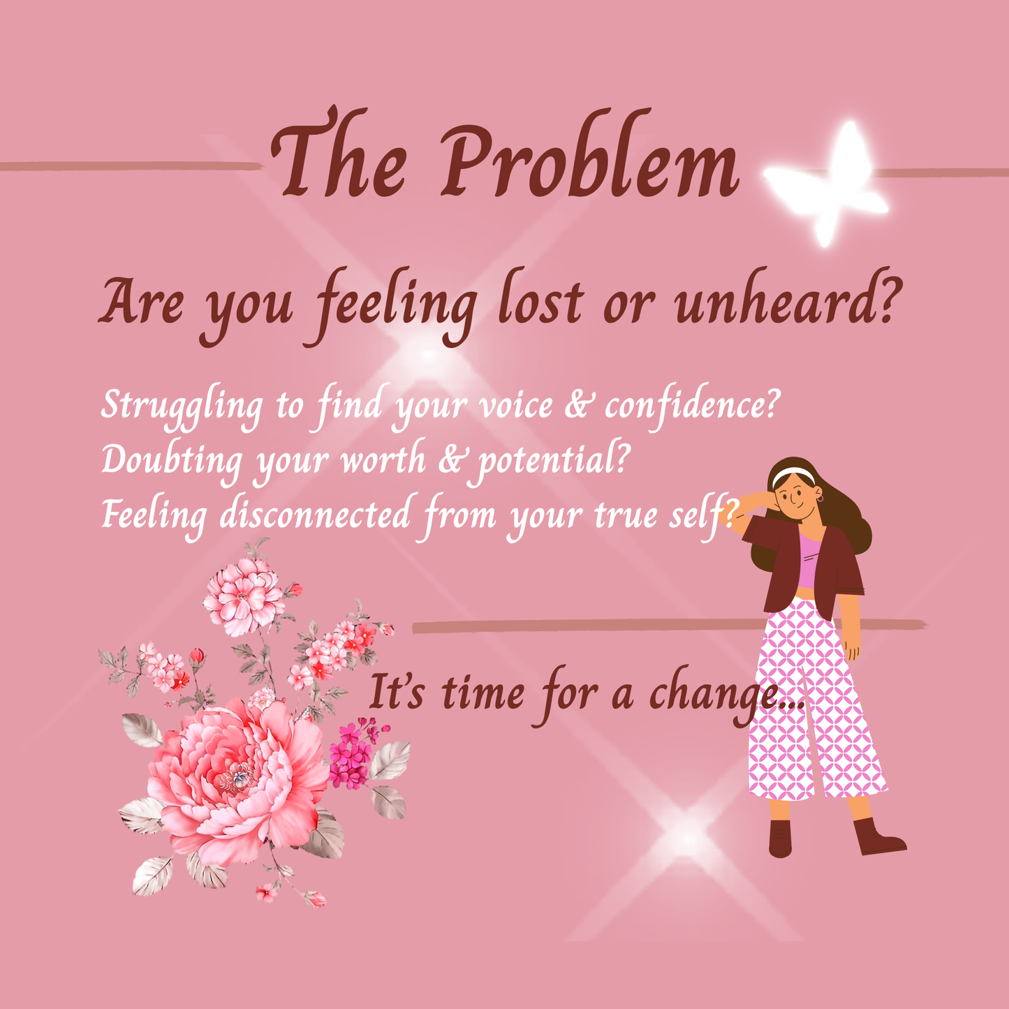 Tween girl looking thoughtful and slightly sad with soft blush pink background, representing feelings of low confidence and emotional overwhelm