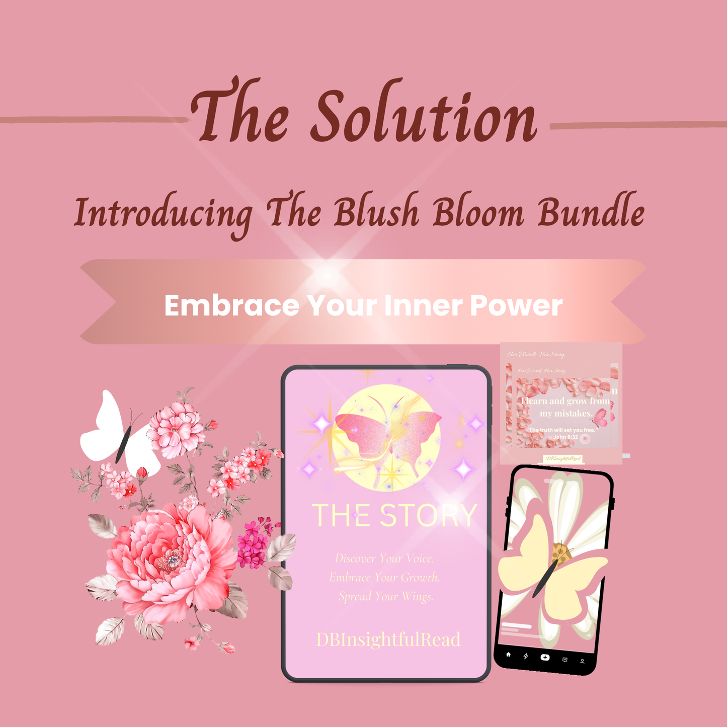 Blush Bloom Bundle digital journal set displayed in soft pink tones, including journal, affirmation cards, and phone wallpapers designed to build confidence in young girls