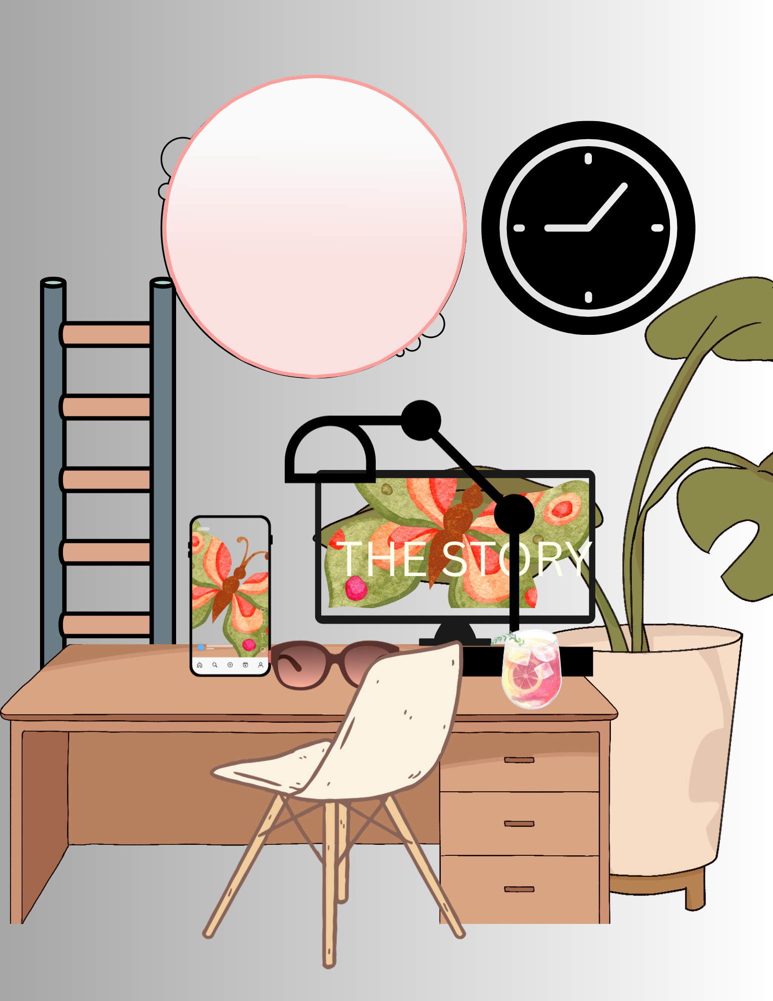 Office setting with coral colored decor displaying mobile phone wallpaper and "The Story" journal on computer screen