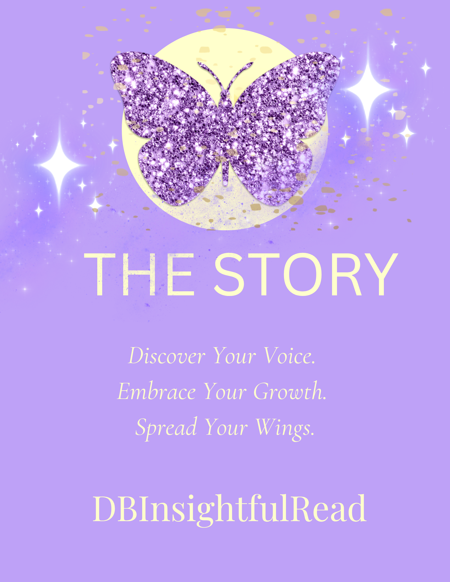 Purple background with a butterfly and text about discovering one's voice and embracing growth.