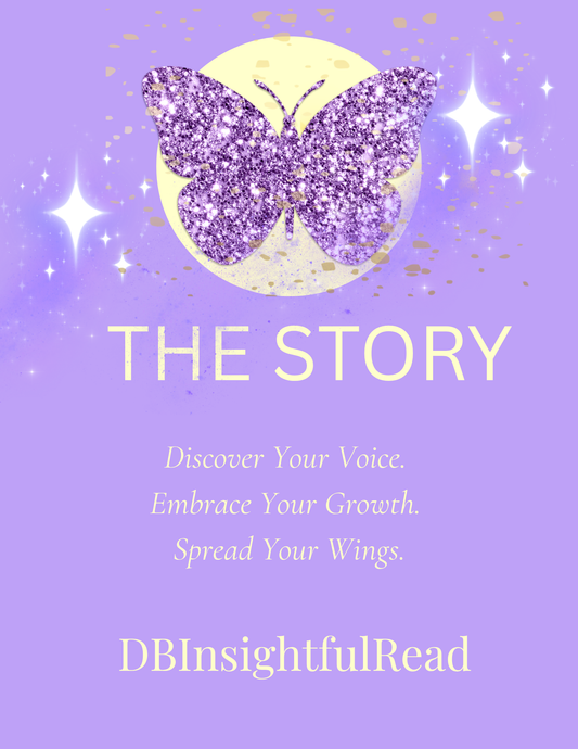 Purple background with a butterfly and text about discovering one's voice and embracing growth.