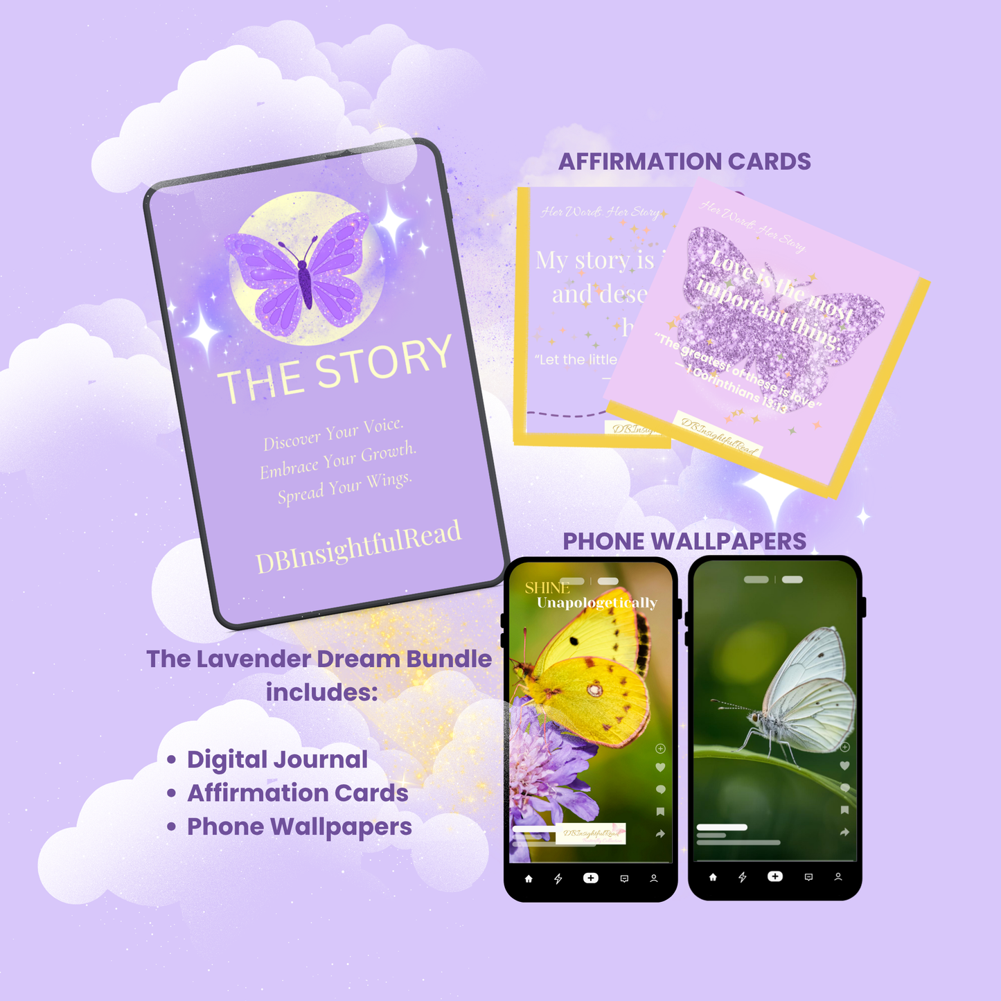 Lavender-themed digital product bundle with journal, cards, and phone wallpapers on a purple background.