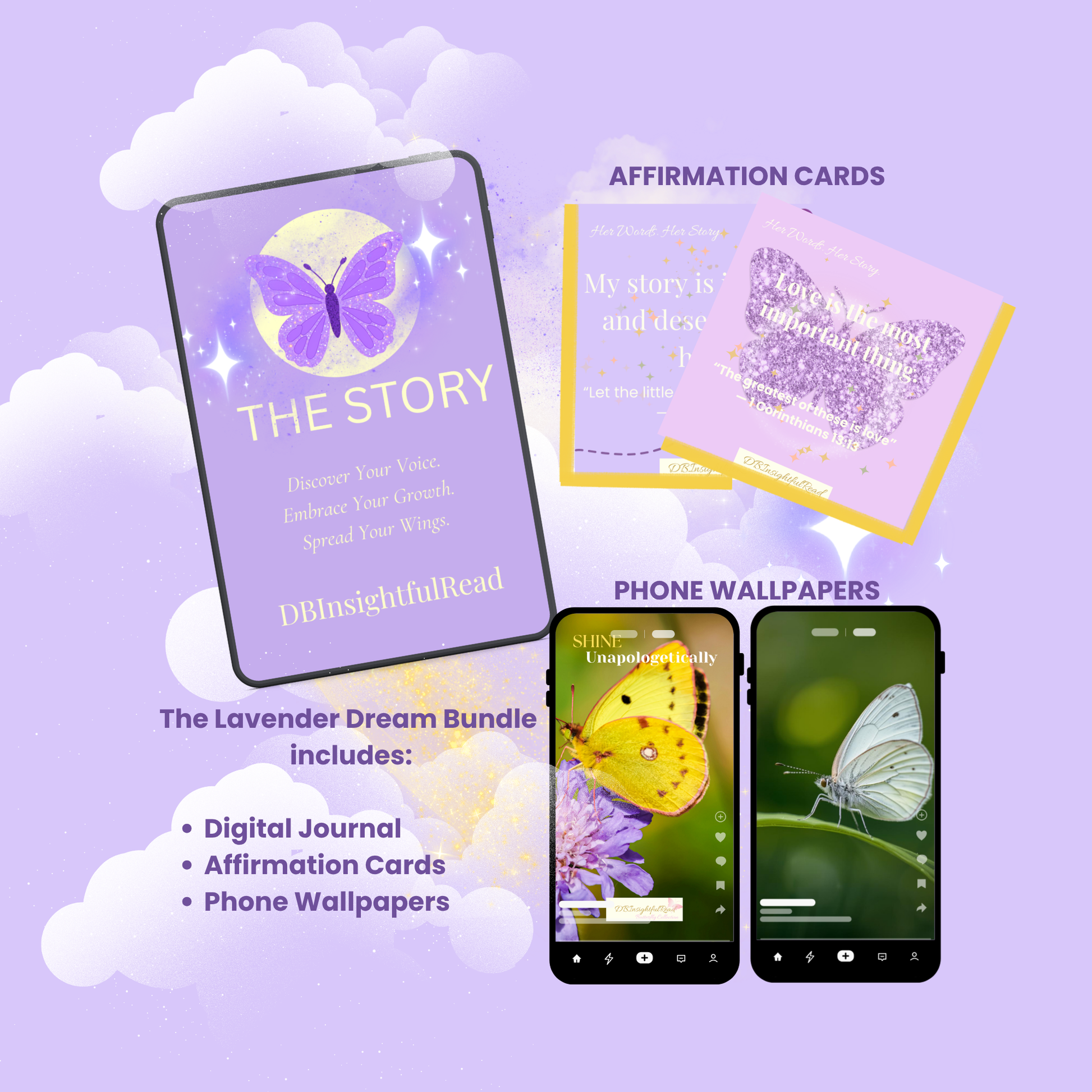 Lavender-themed digital product bundle with journal, cards, and phone wallpapers on a purple background.
