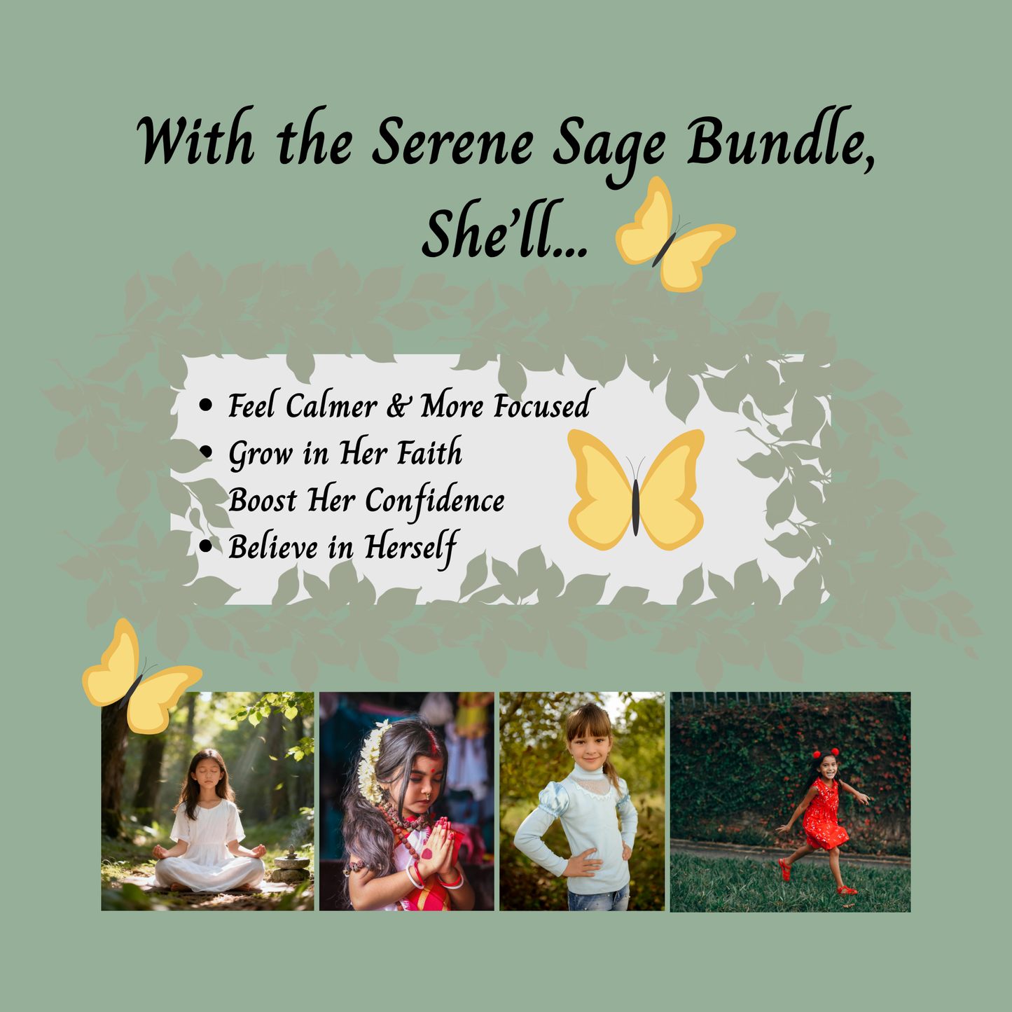 Promotional graphic for 'Serene Sage Bundle' with text and images of children outdoors.