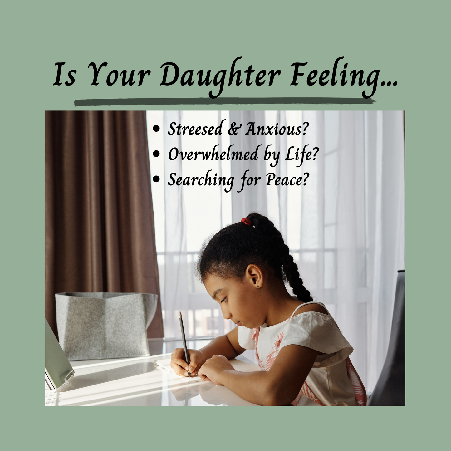 Young girl writing at a desk with text about emotional well-being on a green background