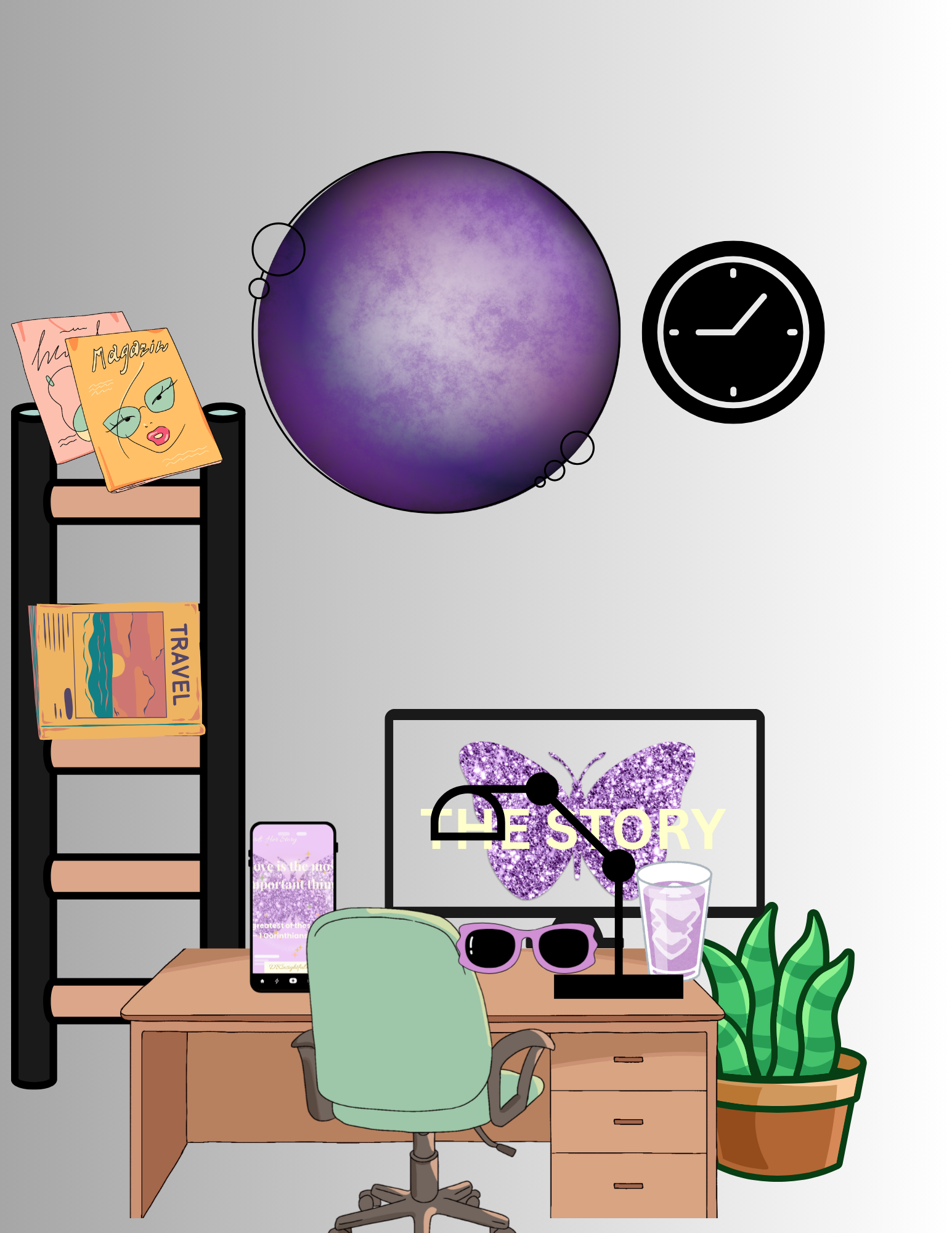Illustrated home office with desk, chair, books, and decor items.