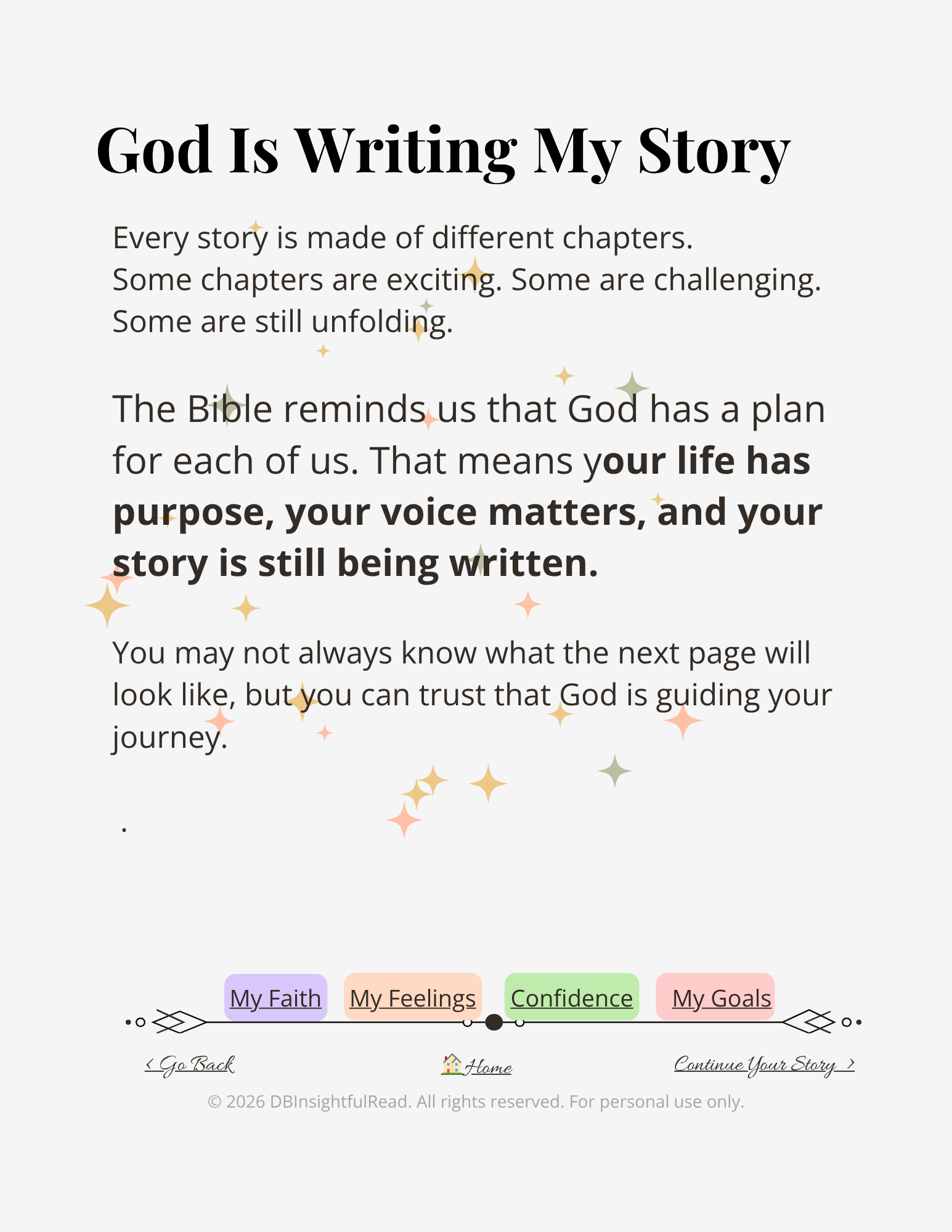 Text on a white background with motivational message about God writing one's story.
