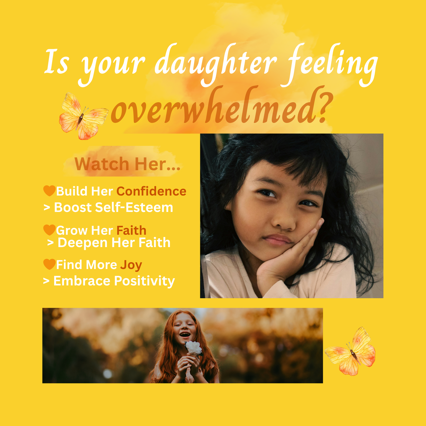 Promotional graphic with a child on a yellow background, featuring text about building confidence and self-esteem.