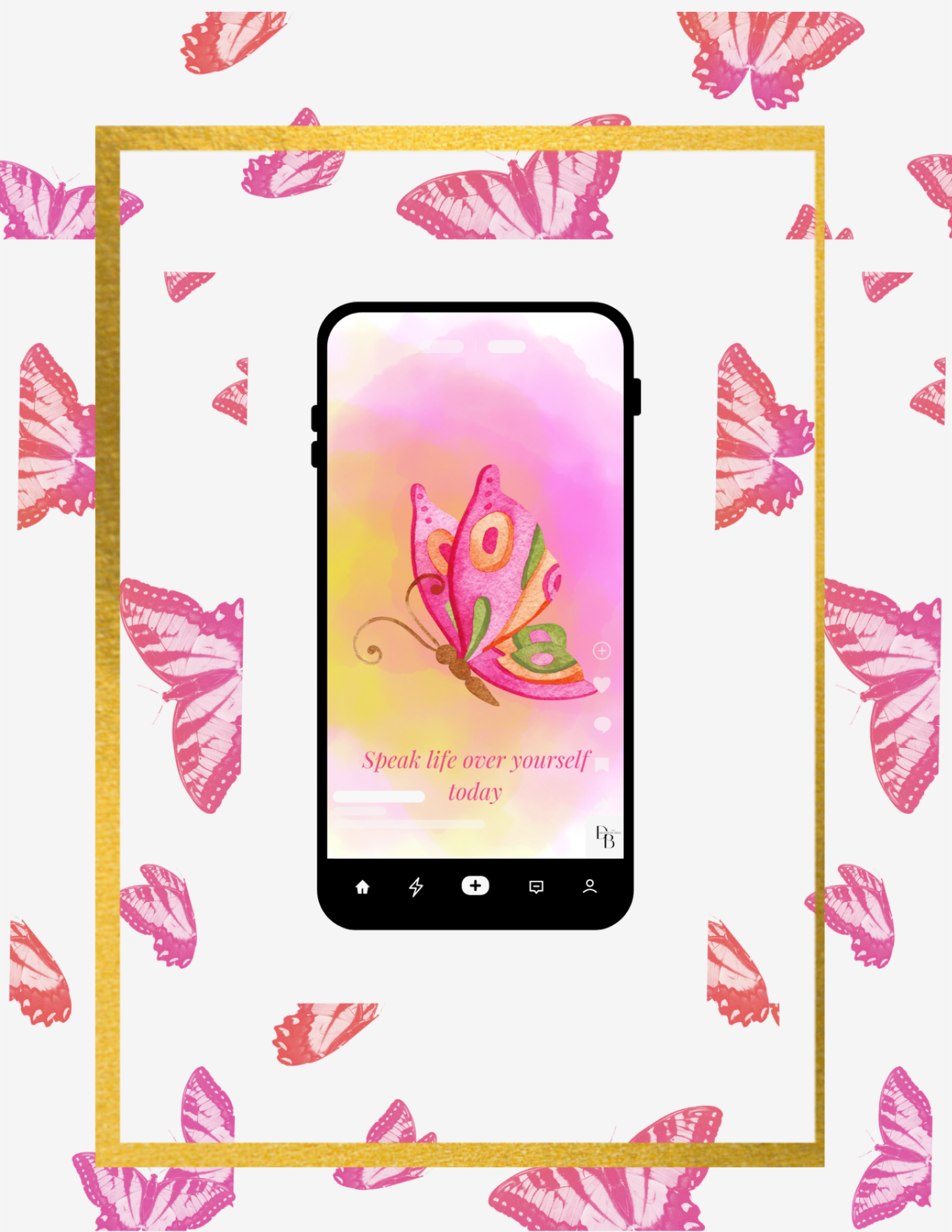 Smartphone with butterfly design app on a background with pink butterflies and a gold border