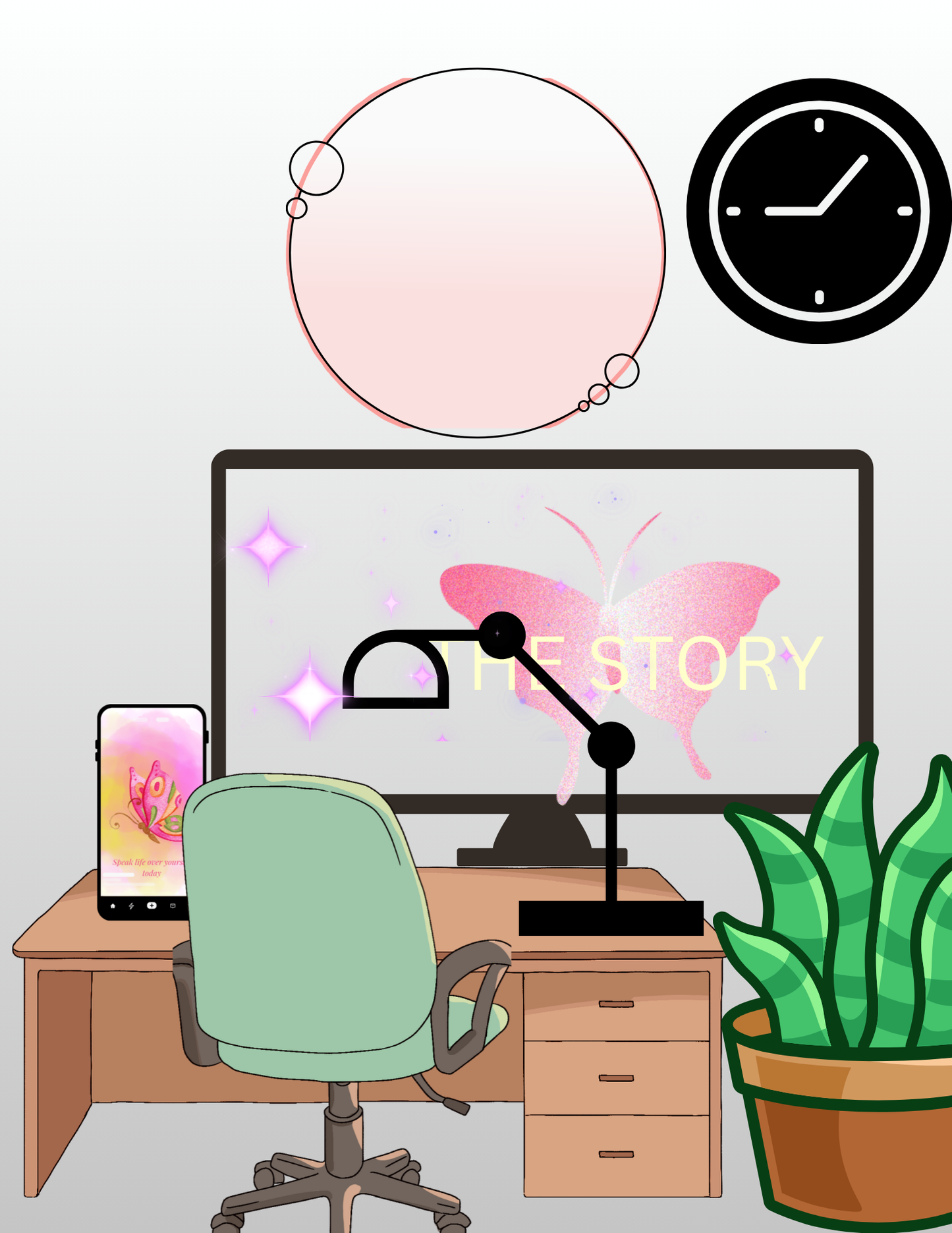 Illustration of a home office setup with a desk, chair, computer monitor, lamp, and plant.