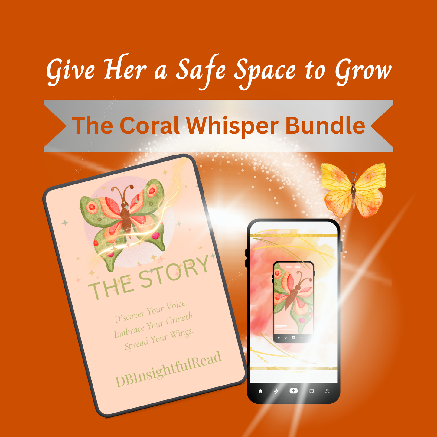 Promotional graphic for 'The Coral Whisper Bundle' with a iPad with digital journal displayed and phone on an orange background.