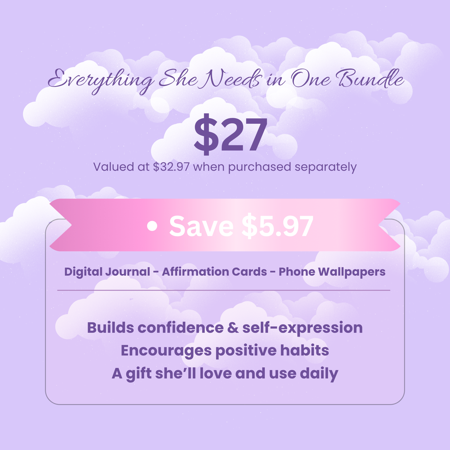 Promotional graphic for a bundle of digital products on a purple background with text about savings and product benefits.
