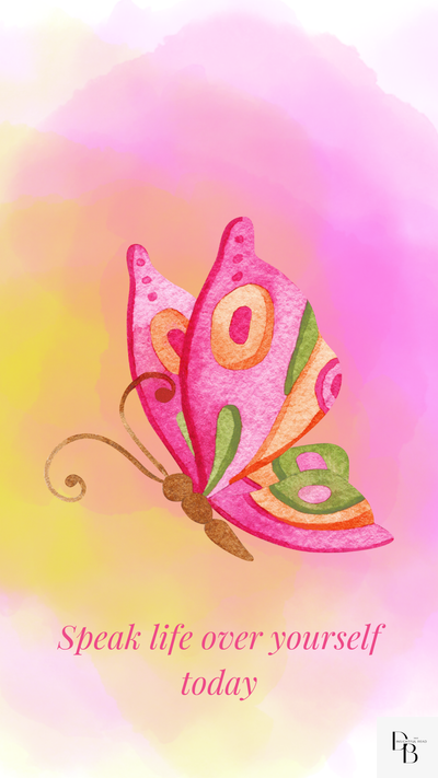 Butterfly design with numbers 08 on a colorful watercolor background with text 'Speak life over yourself today'.