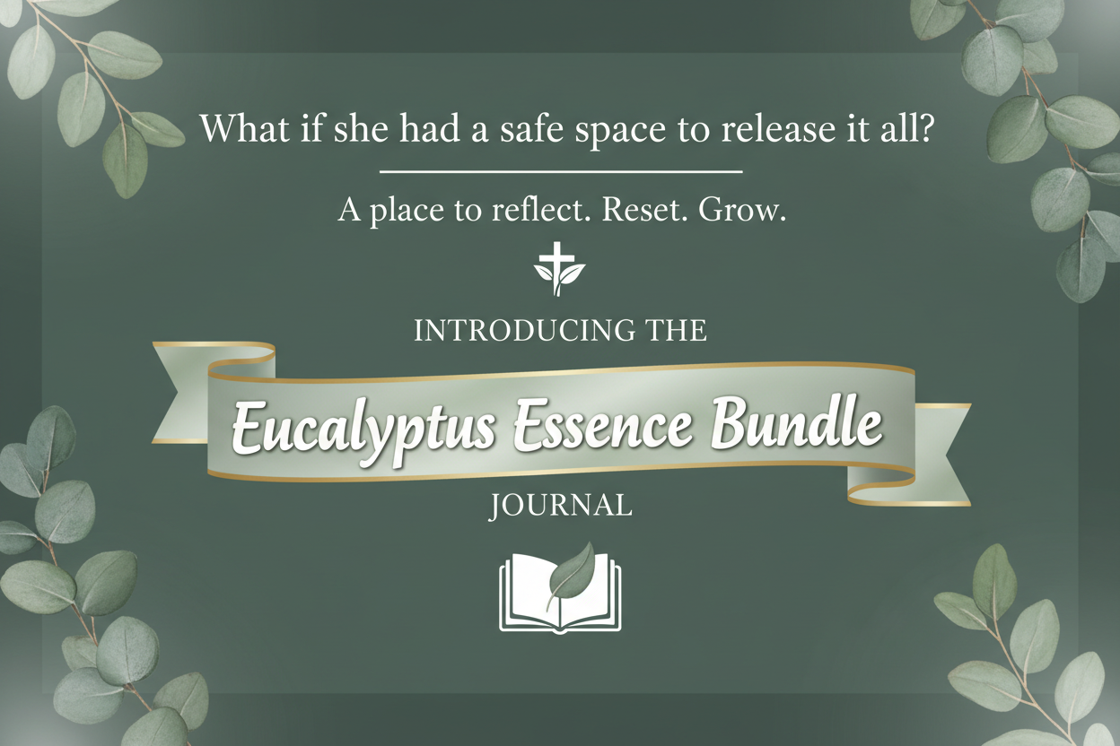 Promotional graphic for Eucalyptus Essence Bundle Journal with text and leaf decorations on a green background.