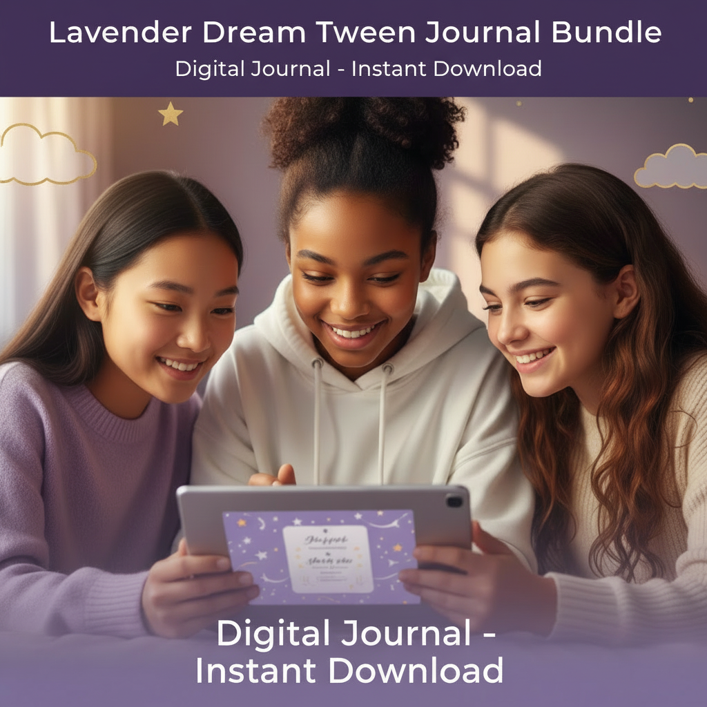 Three young girls looking at a tablet with a digital journal on the screen, set against a soft purple background.