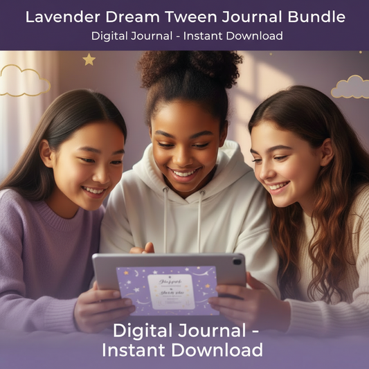 Three young girls looking at a tablet with a digital journal on the screen, set against a soft purple background.