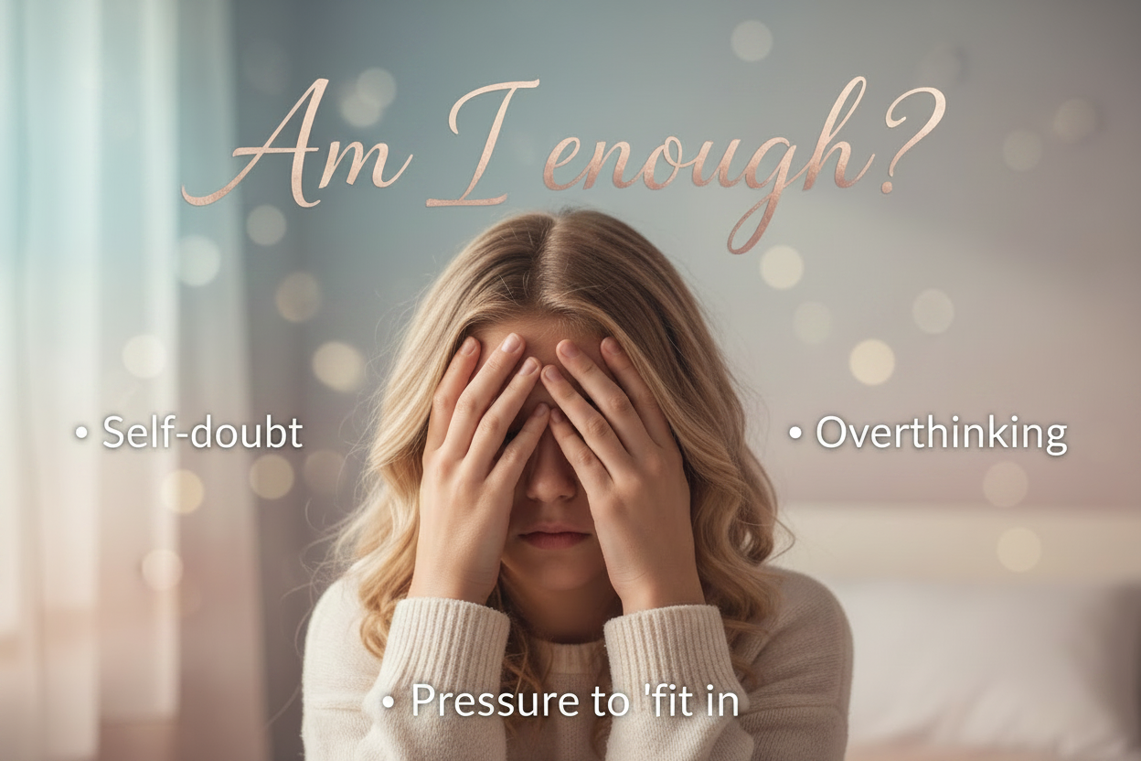 Person with hands over face, text about self-doubt and overthinking, blurred background