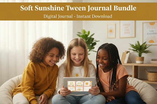 Three children sitting on a couch looking at a tablet with a 'Soft Sunshine Tween Journal Bundle' advertisement above them.